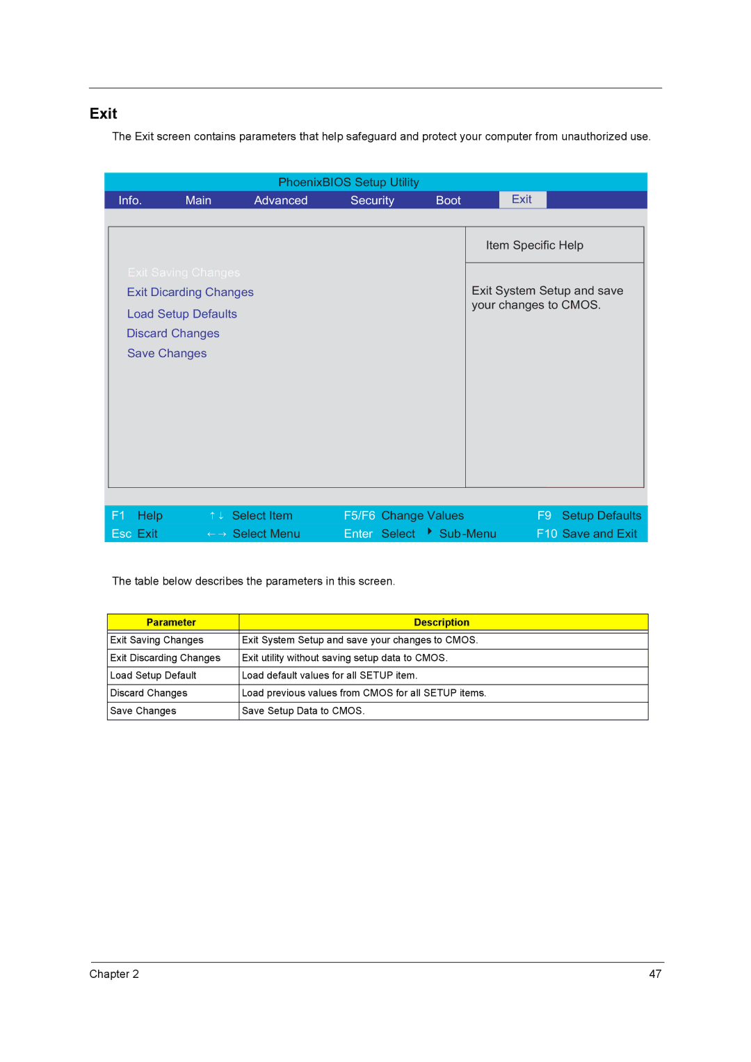 Acer 4010 manual Exit, Info Main Advanced Security Boot 