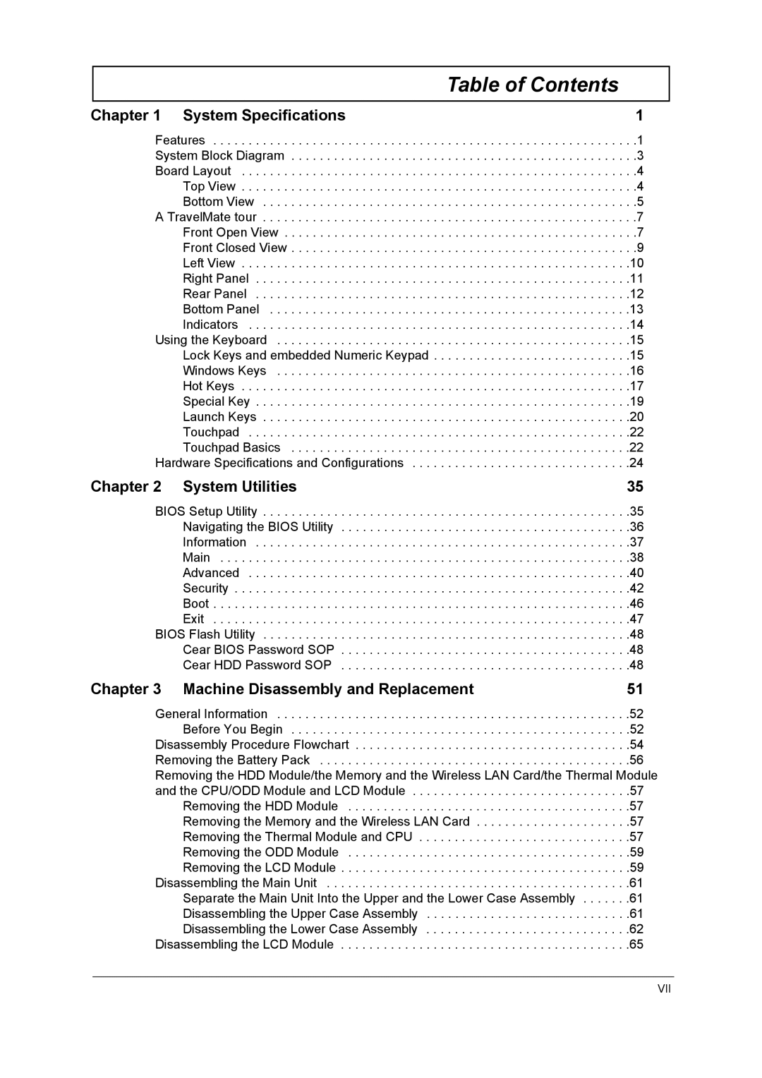 Acer 4010 manual Table of Contents 