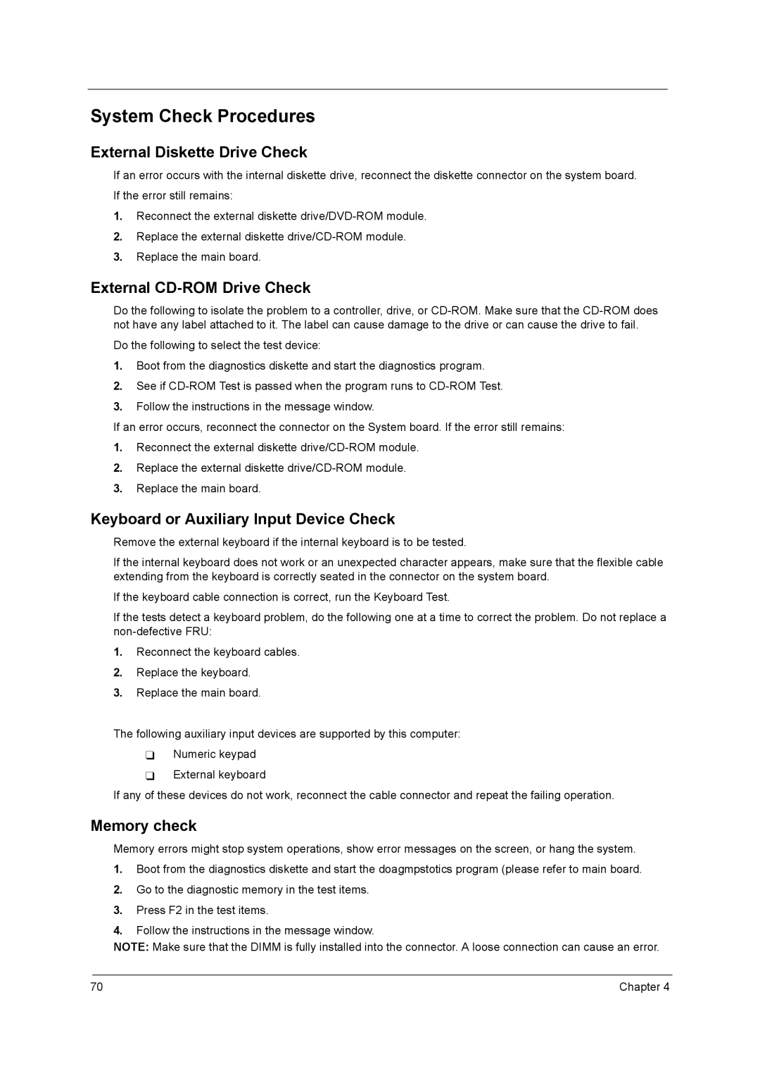 Acer 4010 manual System Check Procedures, External Diskette Drive Check, External CD-ROM Drive Check, Memory check 