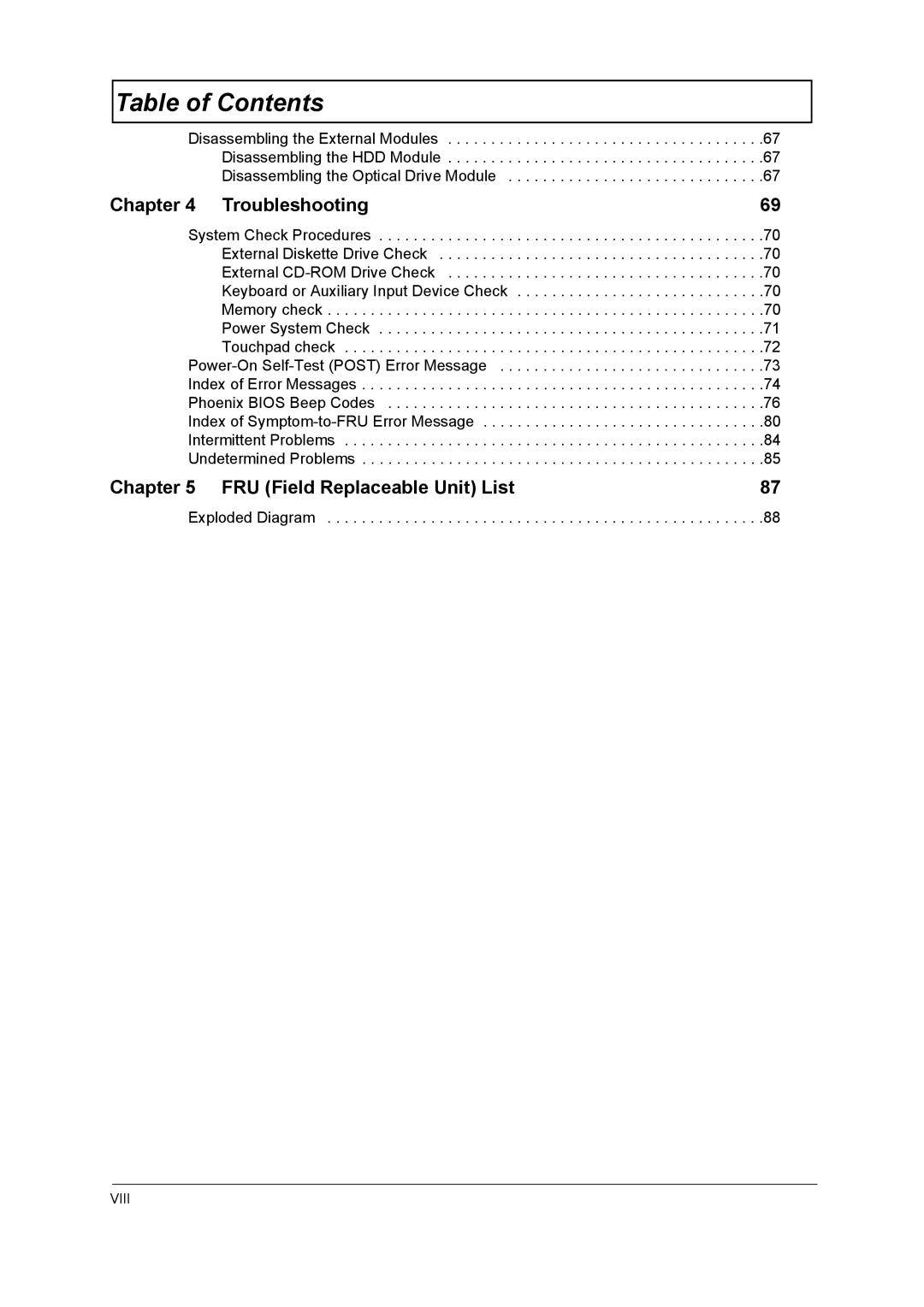 Acer 4010 manual Troubleshooting, FRU Field Replaceable Unit List 