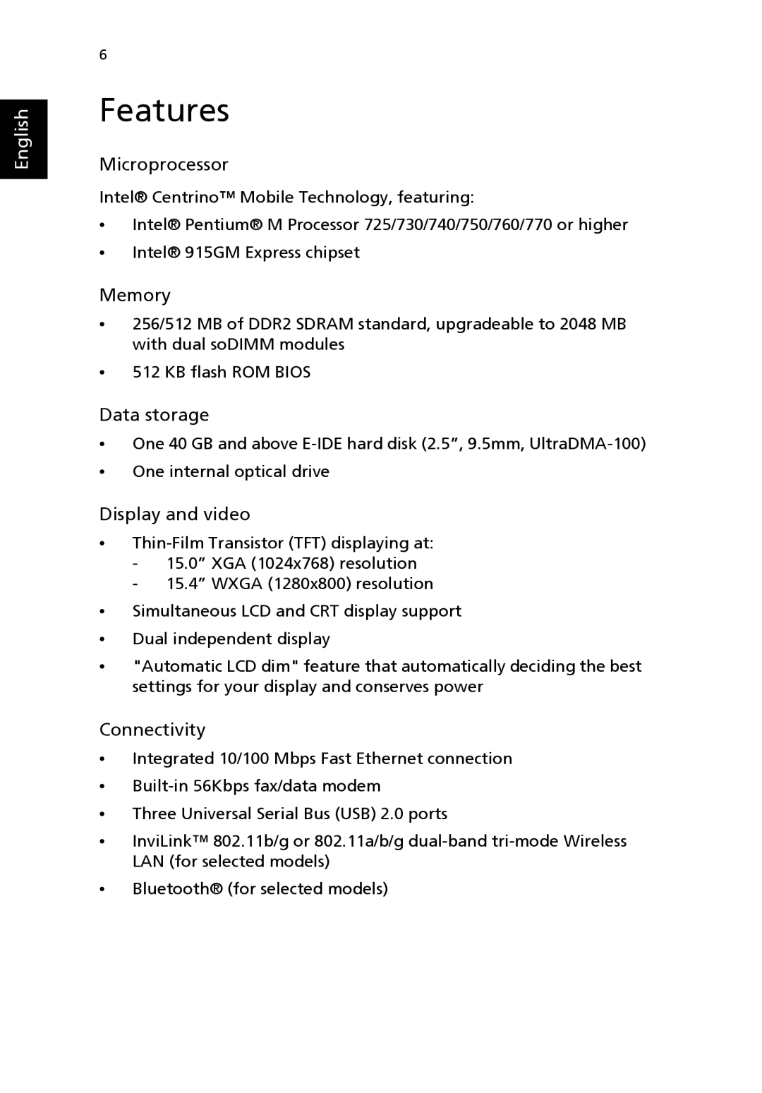 Acer 4020 Series manual Features 