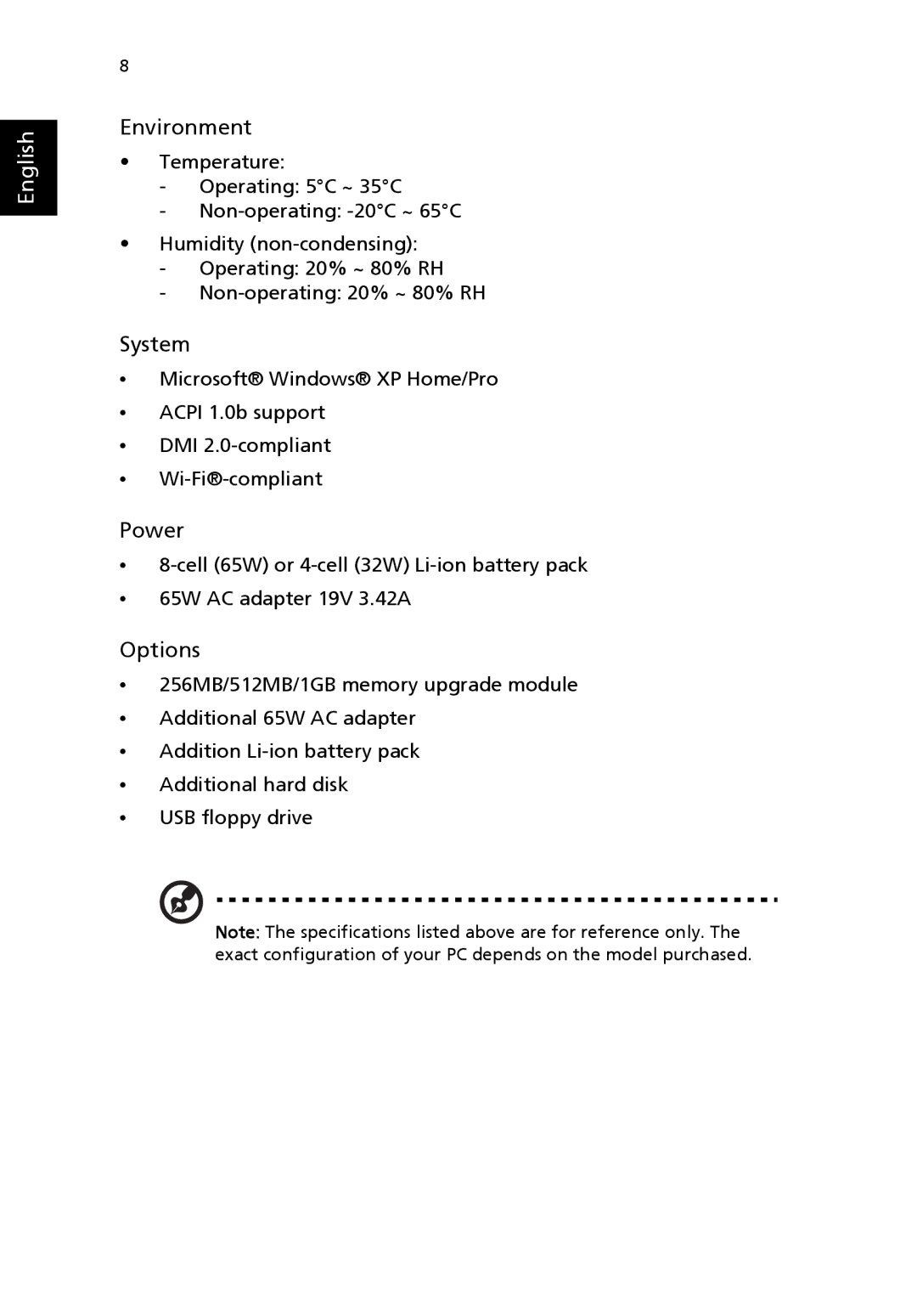 Acer 4020 Series manual Environment, System, Power, Options 