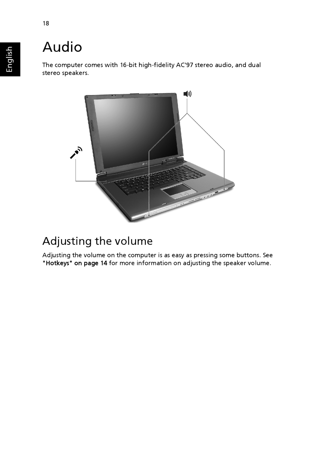 Acer 4020 Series manual Audio, Adjusting the volume 