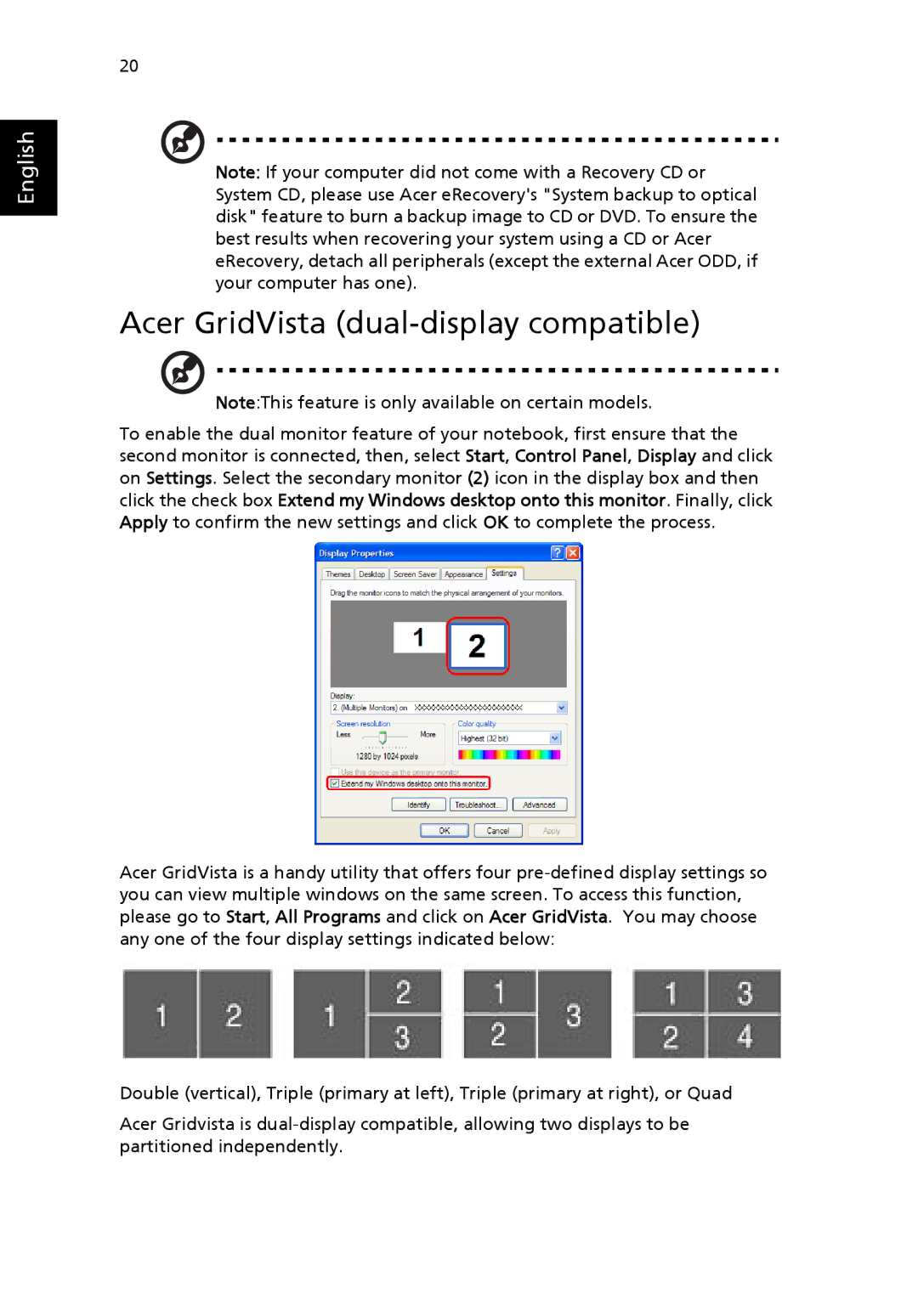 Acer 4020 Series manual Acer GridVista dual-display compatible 