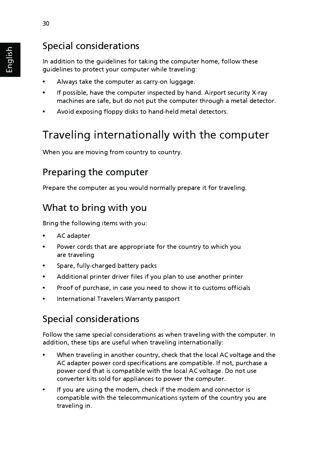 Acer 4020 Series manual Traveling internationally with the computer, What to bring with you 