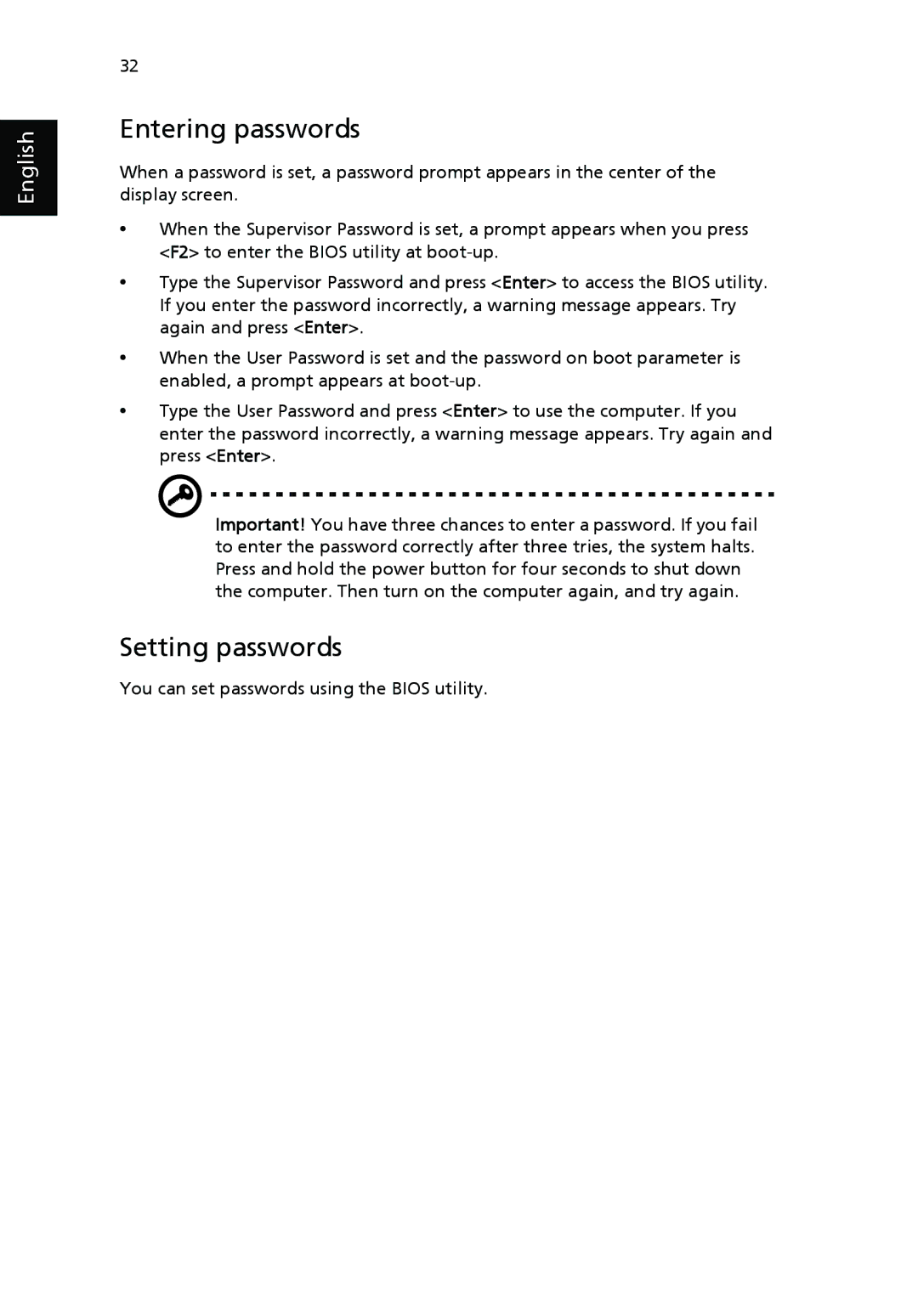 Acer 4020 Series manual Entering passwords, Setting passwords 