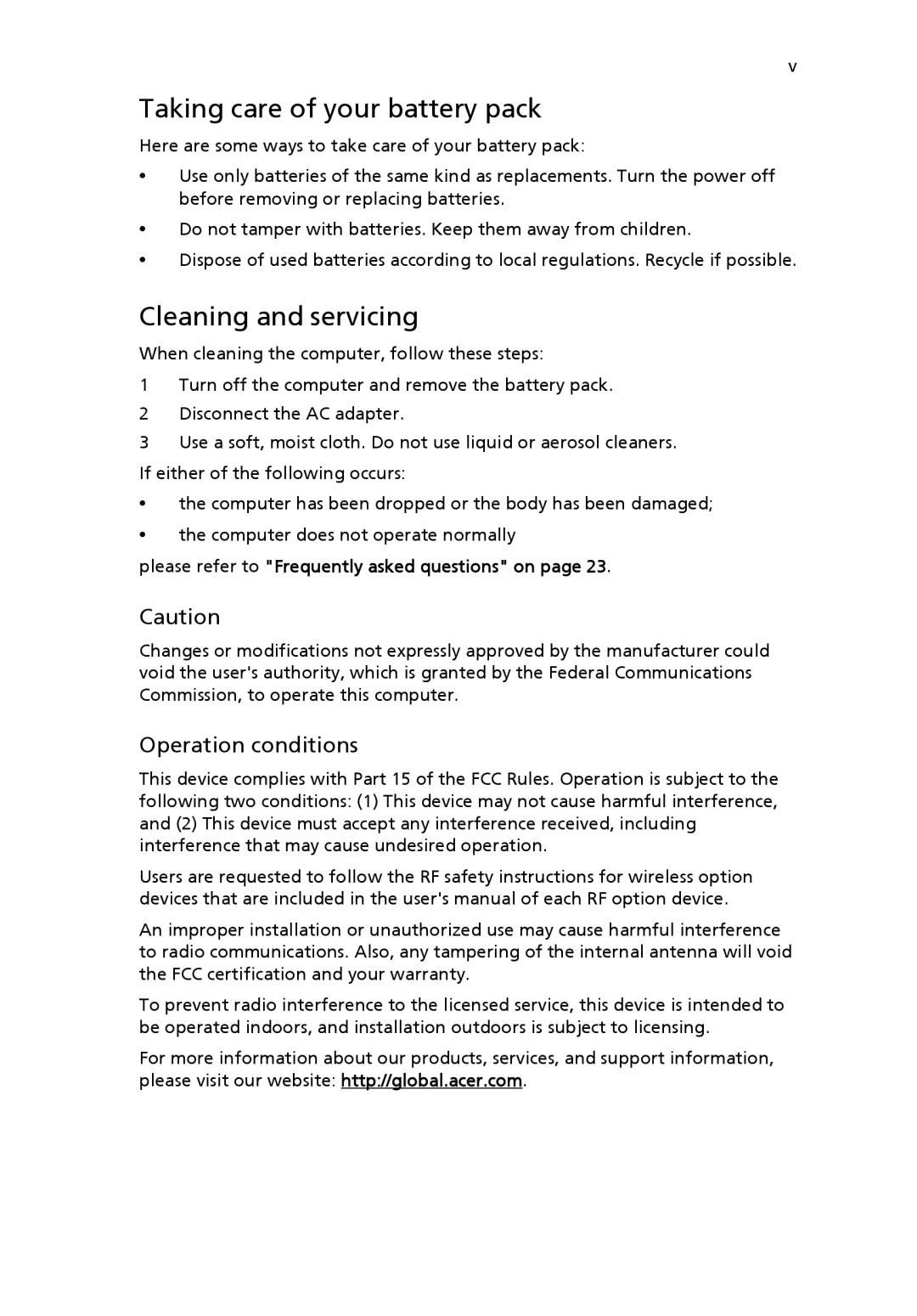 Acer 4020 Series manual Taking care of your battery pack, Cleaning and servicing, Operation conditions 