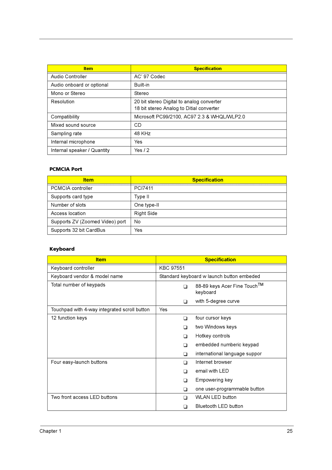 Acer 4020 manual Pcmcia Port Specification, Keyboard Specification 