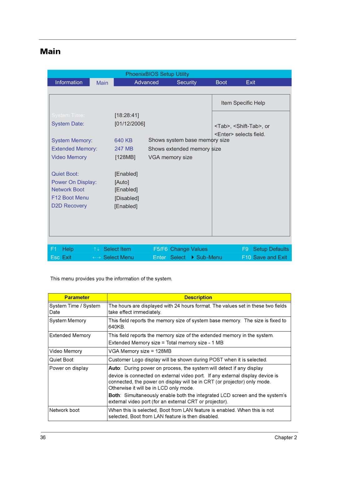 Acer 4020 manual Main, Advanced Security Boot Exit 