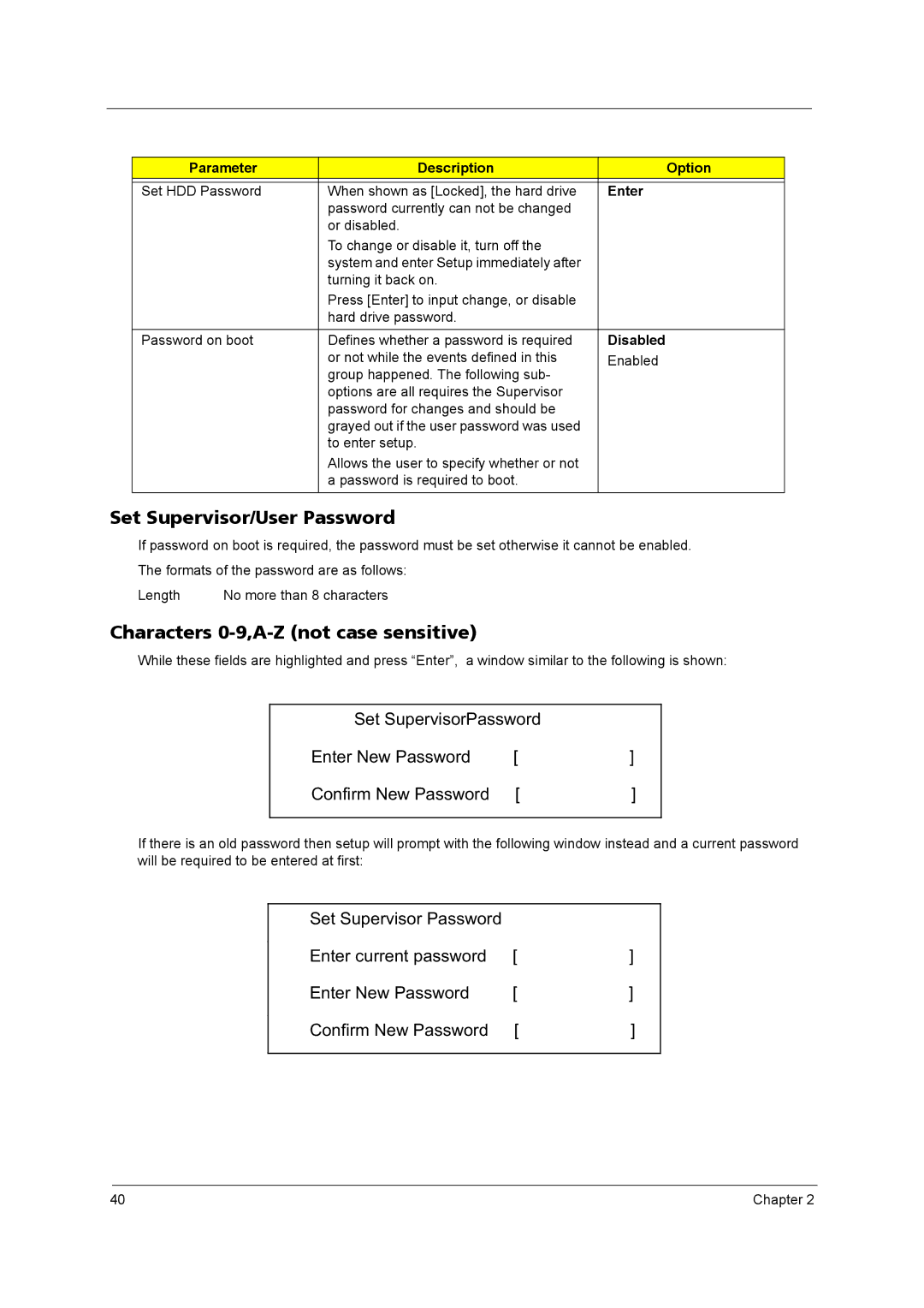 Acer 4020 manual Set Supervisor/User Password, Characters 0-9,A-Z not case sensitive, Enter, Disabled 