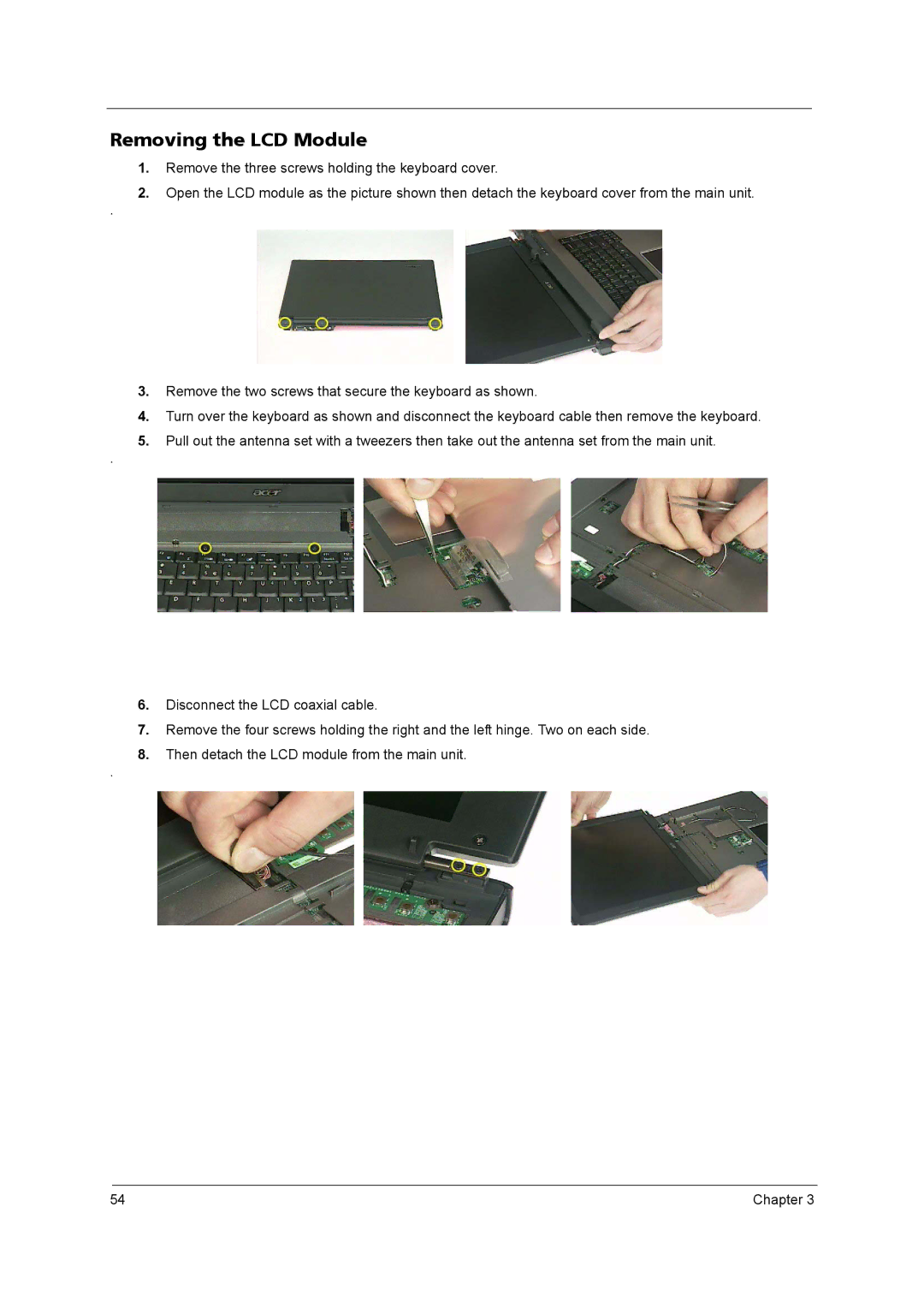 Acer 4020 manual Removing the LCD Module 