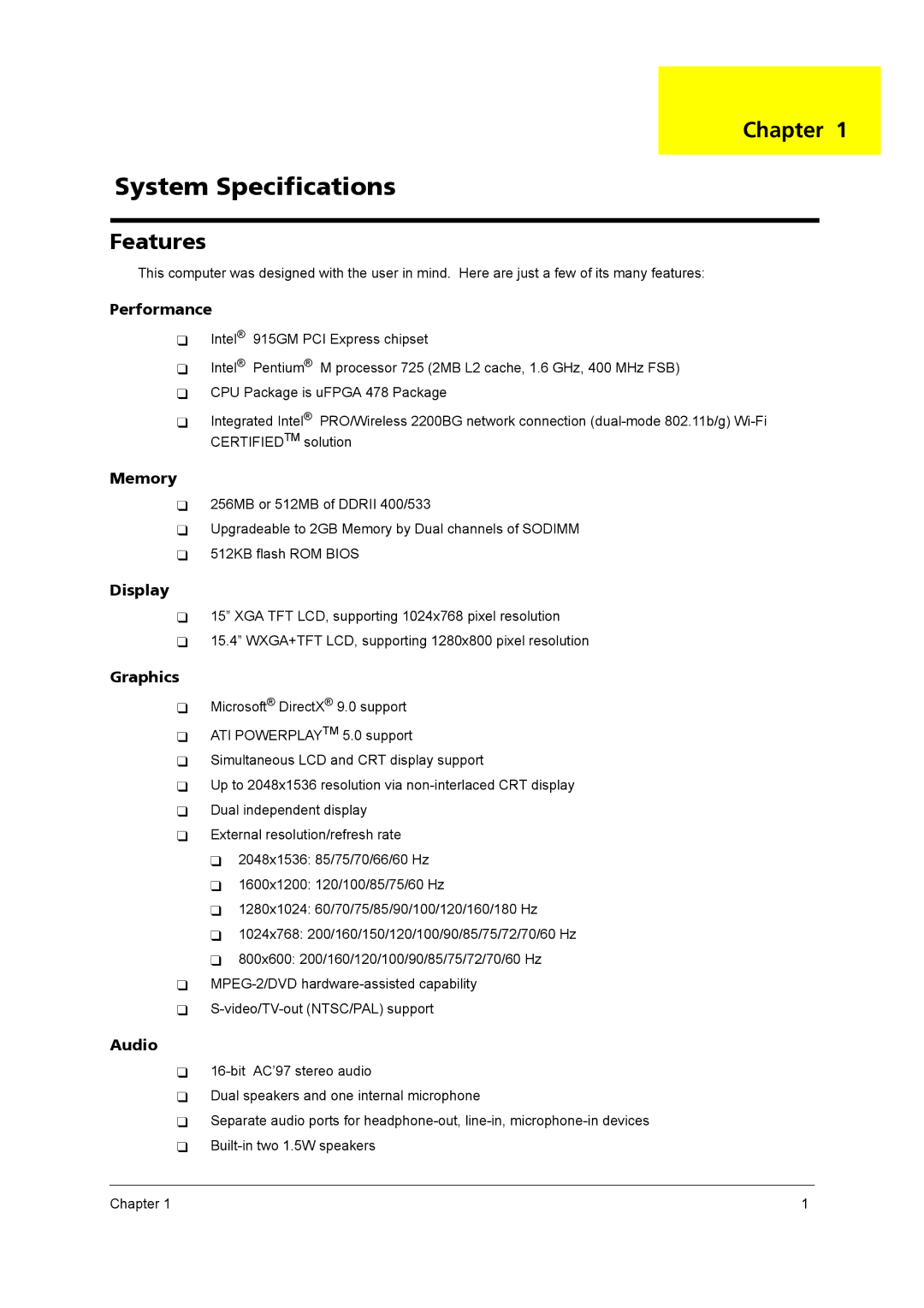 Acer 4020 manual Chapter, Features 