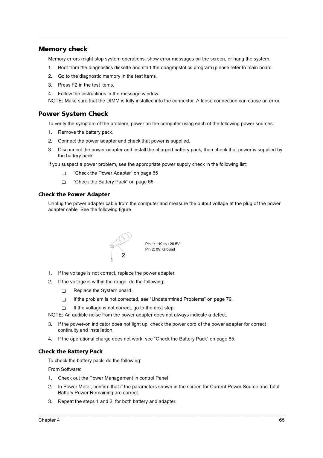 Acer 4020 manual Memory check, Power System Check 