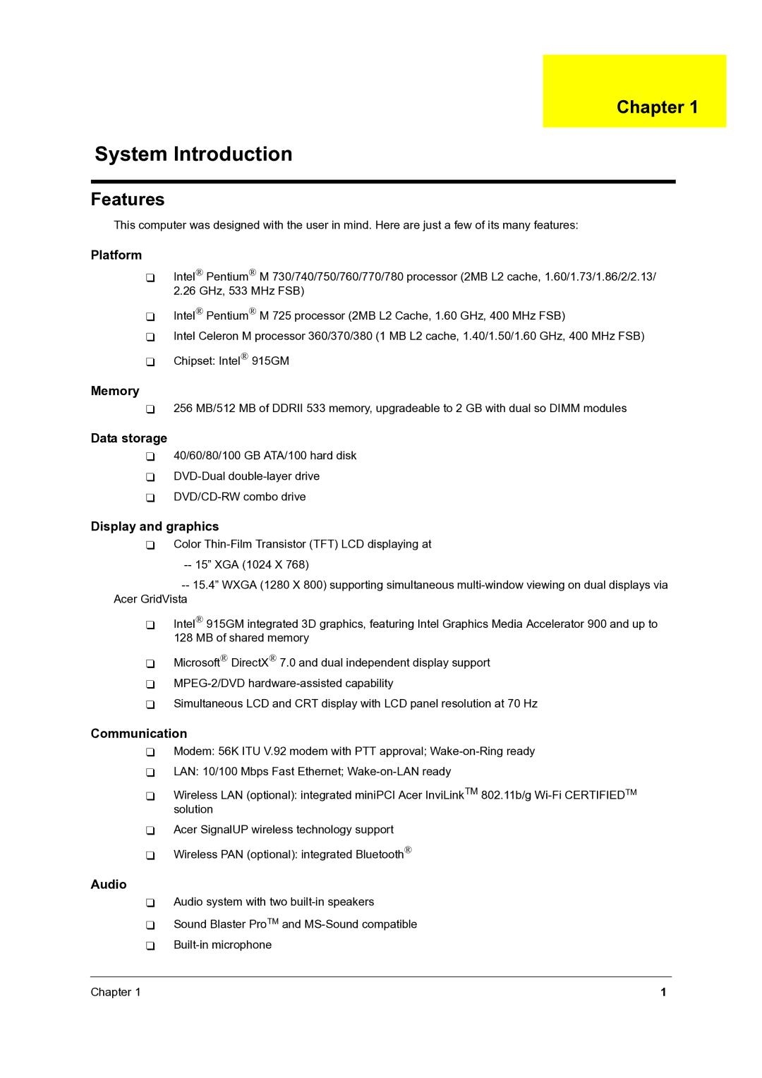 Acer 4060 manual Chapter, Features 