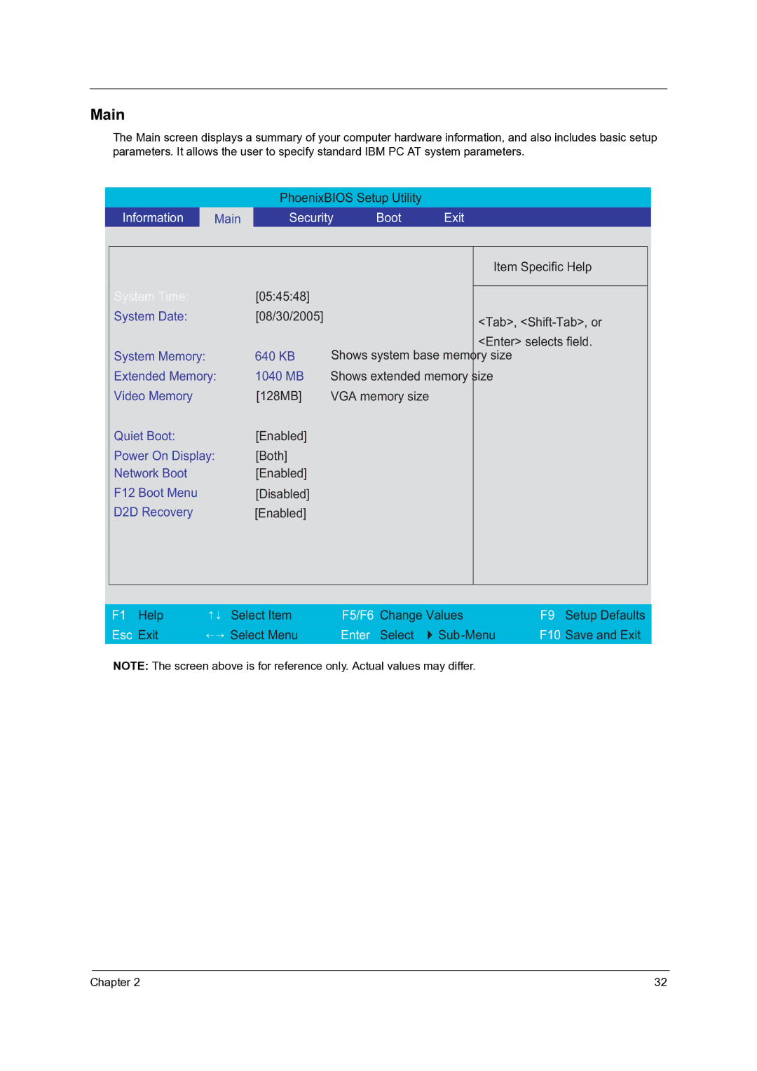 Acer 4060 manual Main, System Time 