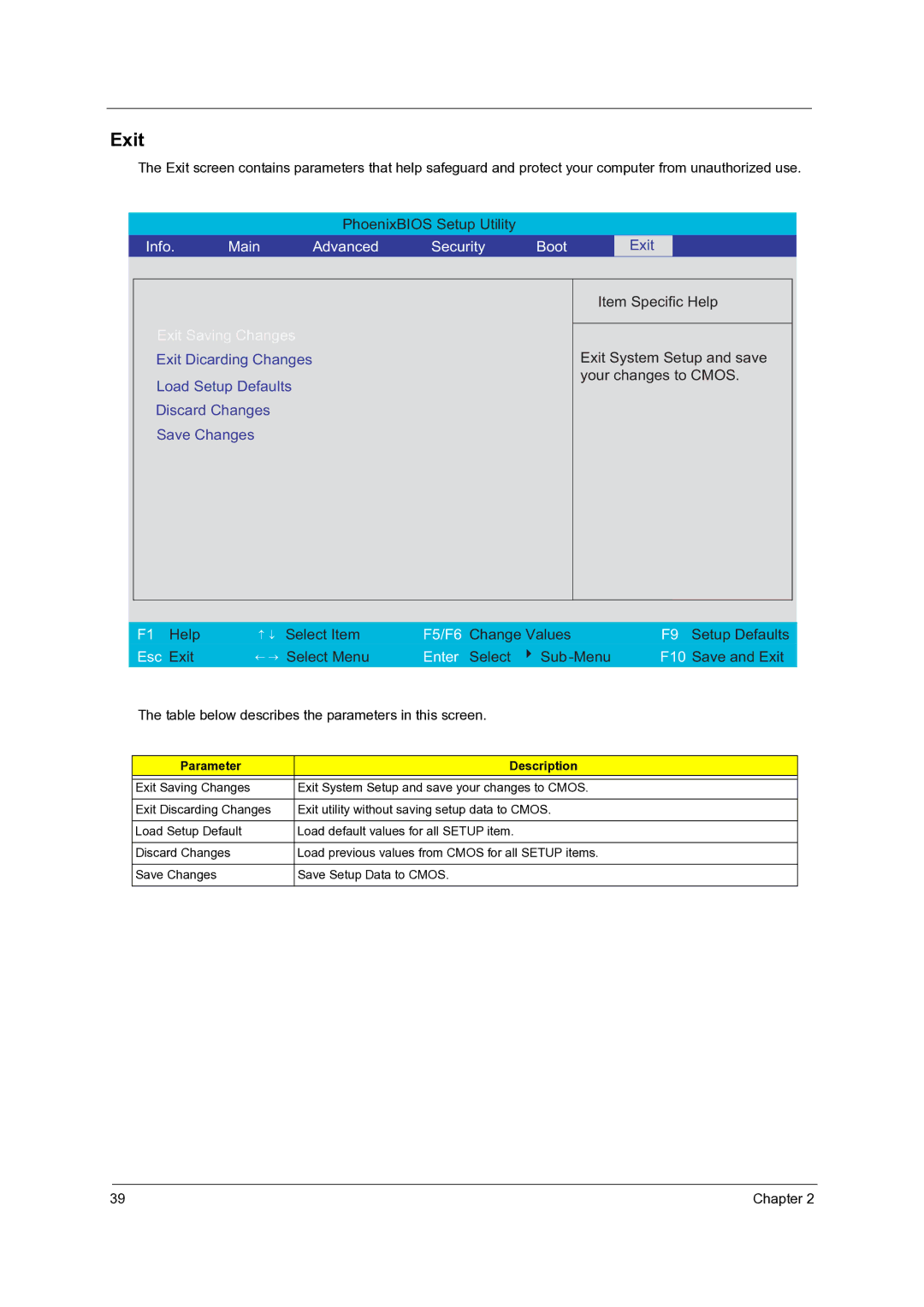 Acer 4060 manual Exit, Info Main Advanced Security Boot 