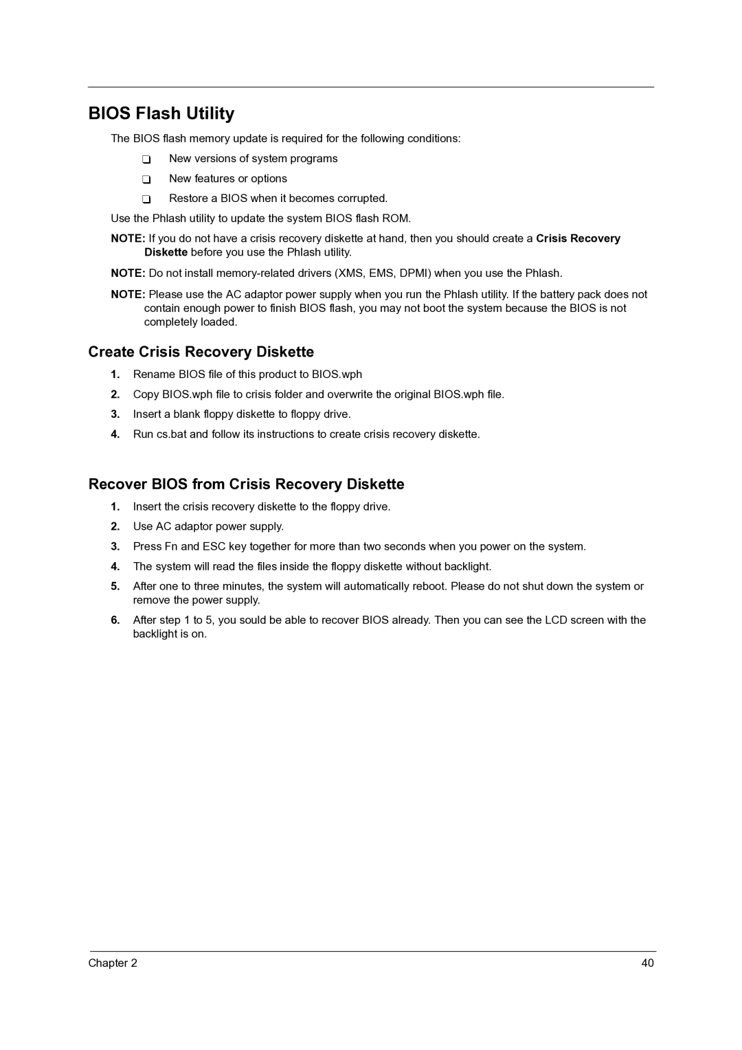 Acer 4060 manual Bios Flash Utility, Create Crisis Recovery Diskette, Recover Bios from Crisis Recovery Diskette 