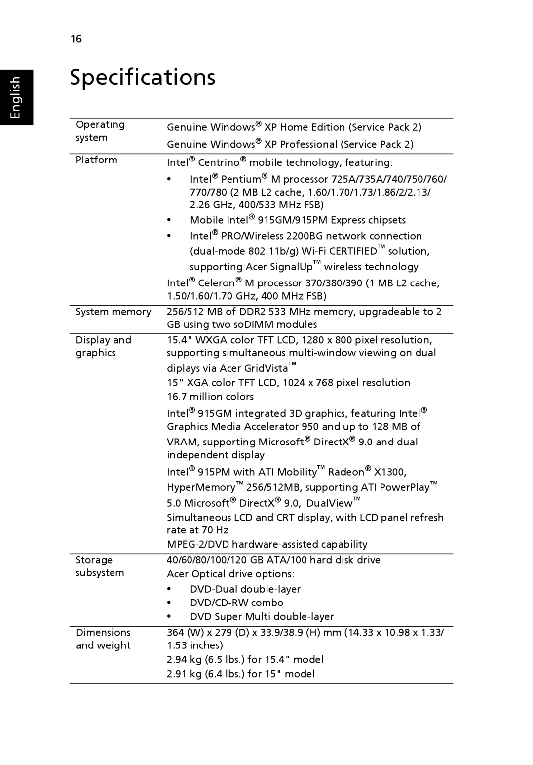 Acer 4070, 4080 manual Specifications 