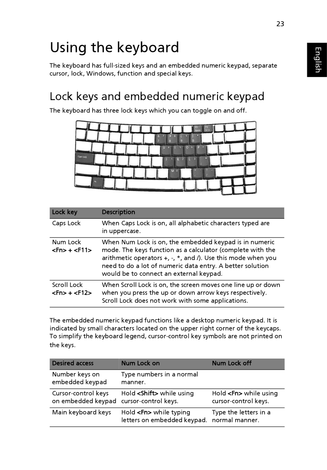 Acer 4080, 4070 manual Using the keyboard, Lock keys and embedded numeric keypad 