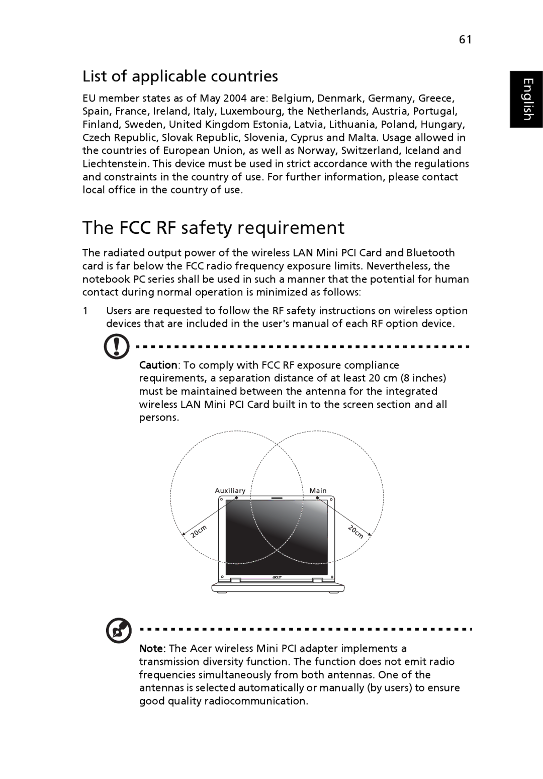 Acer 4080, 4070 manual FCC RF safety requirement, List of applicable countries 