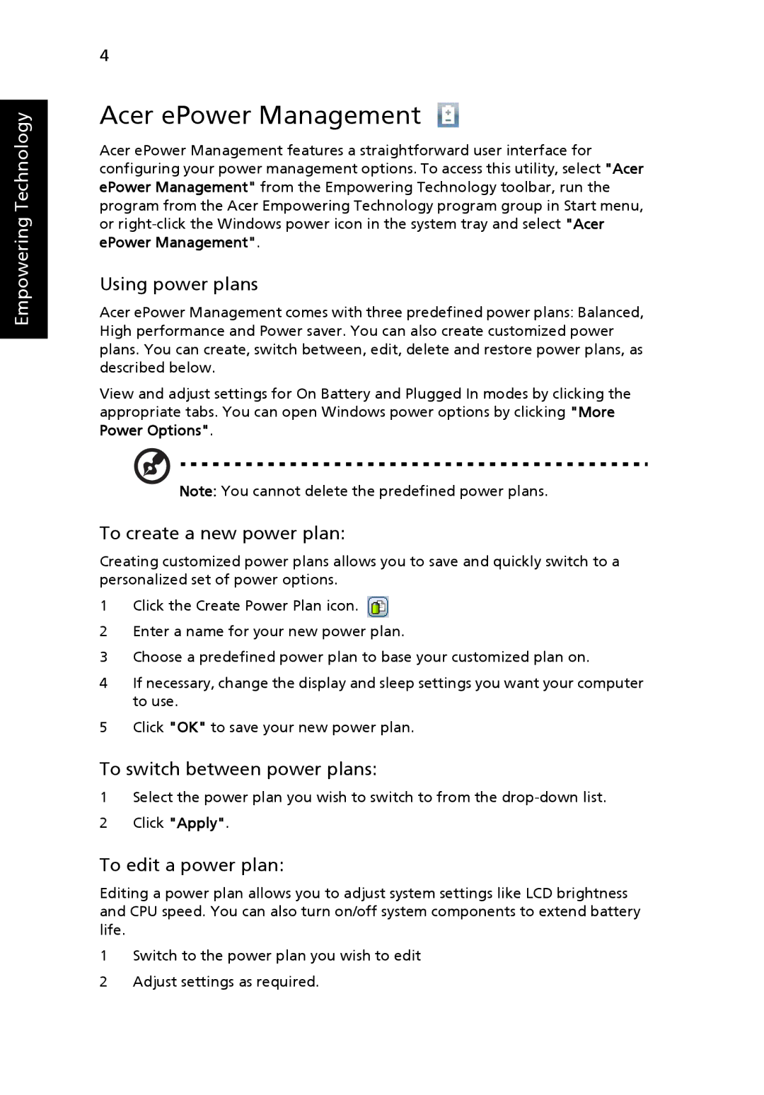 Acer 4120 manual Acer ePower Management, Using power plans, To create a new power plan, To switch between power plans 