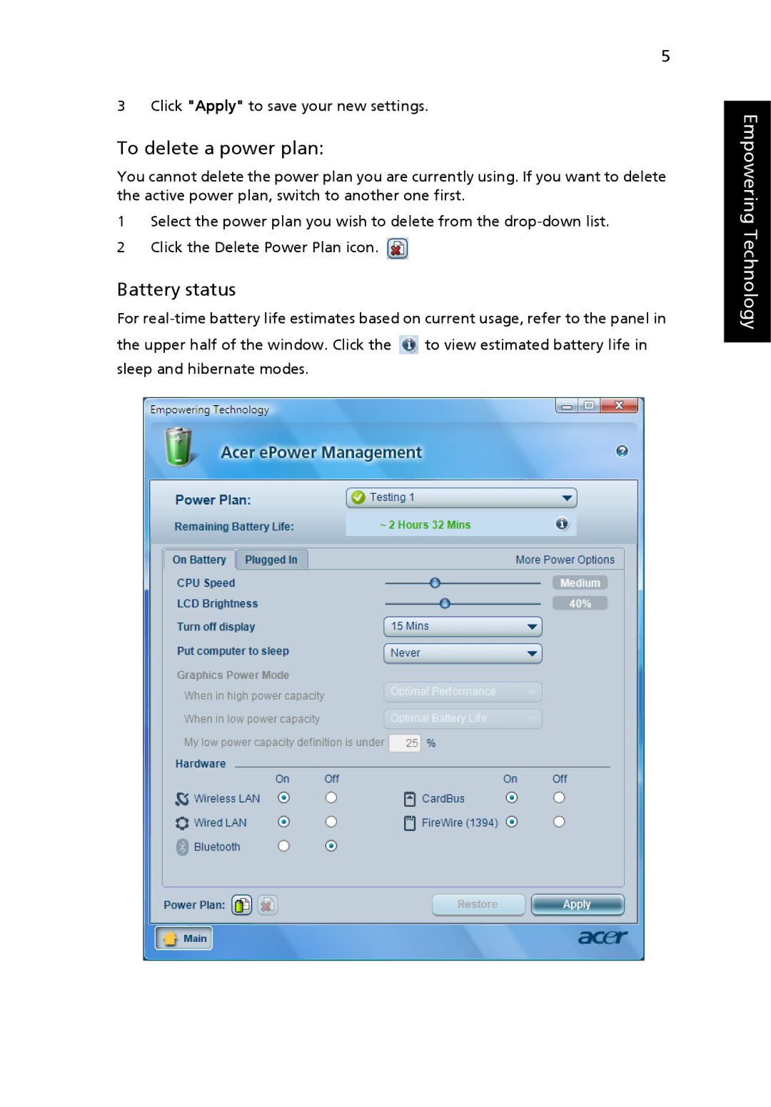 Acer 4120 manual To delete a power plan, Battery status 