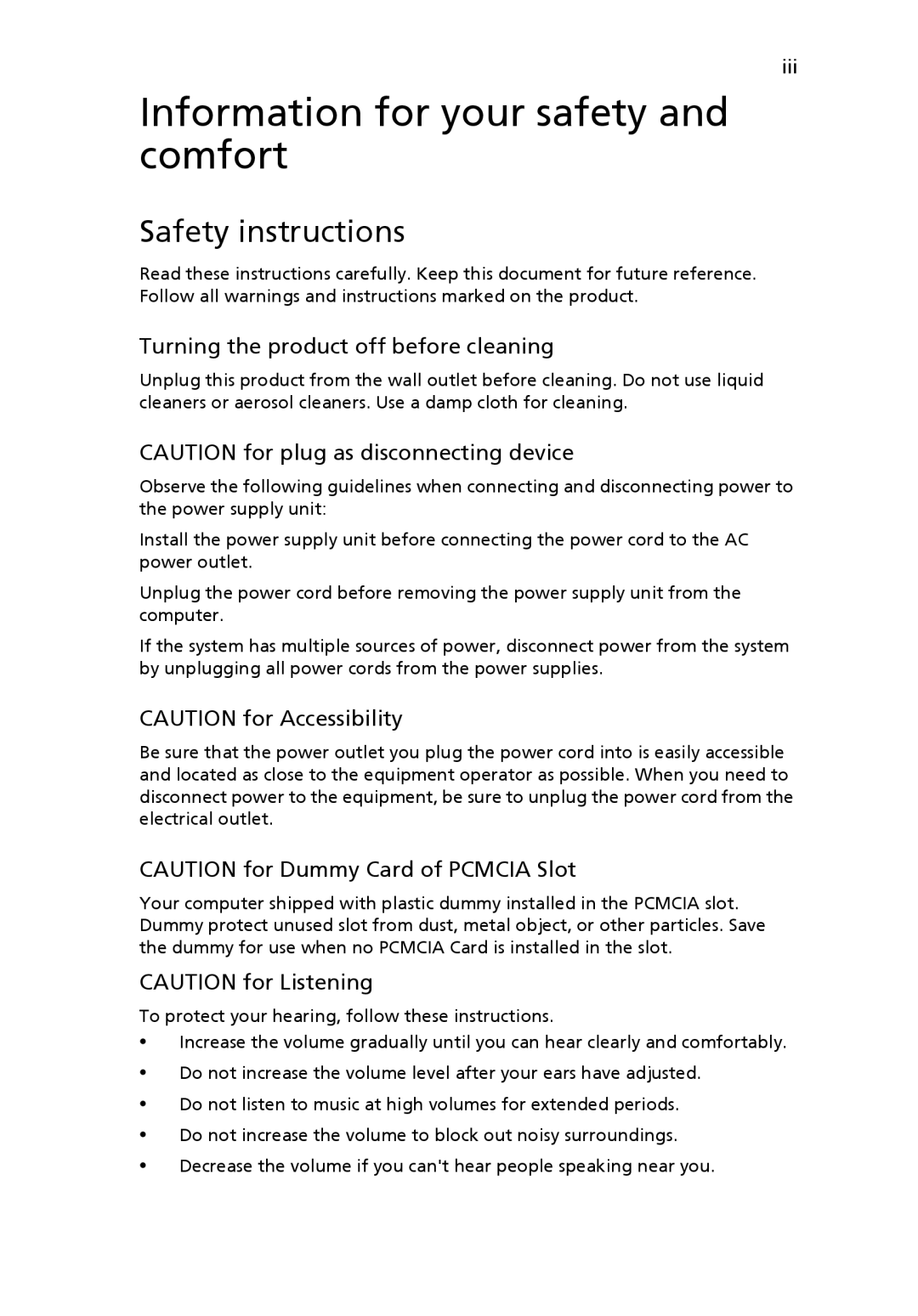 Acer 4120 manual Information for your safety and comfort, Safety instructions, Turning the product off before cleaning 