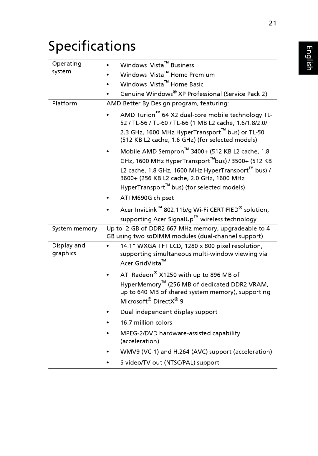 Acer 4120 manual Specifications 