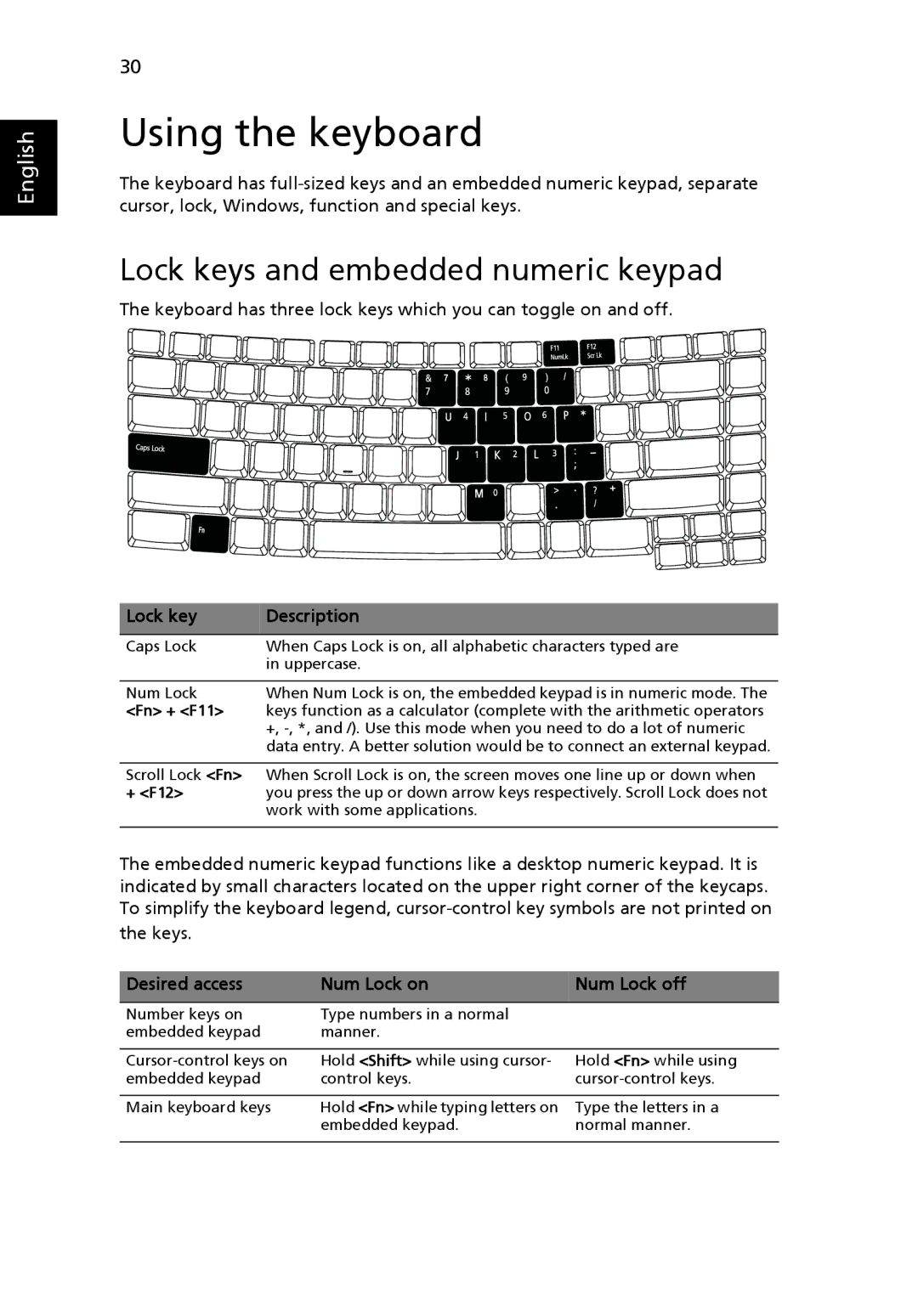 Acer 4120 manual Using the keyboard, Lock keys and embedded numeric keypad, Lock key Description 