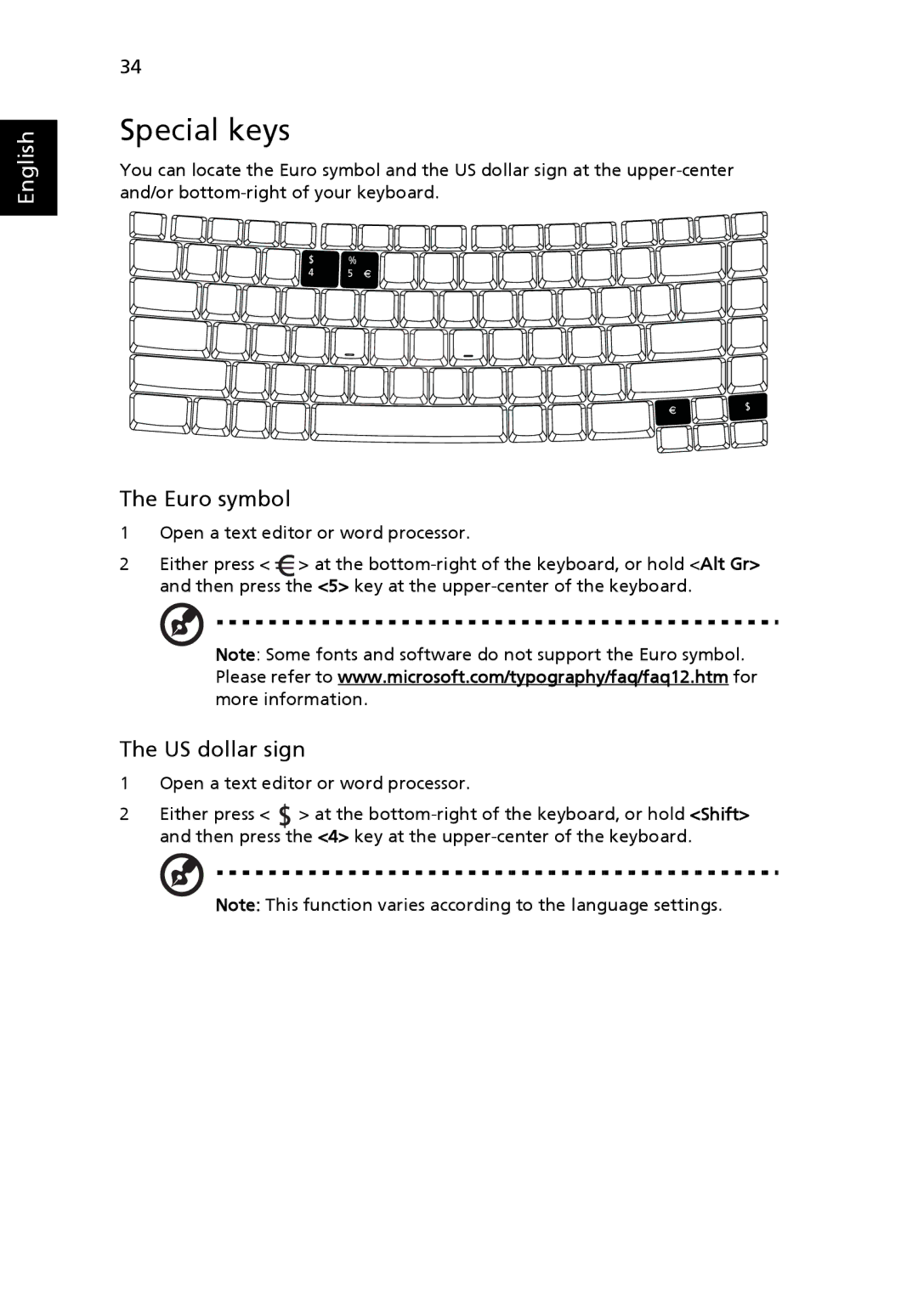 Acer 4120 manual Special keys, Euro symbol, US dollar sign 