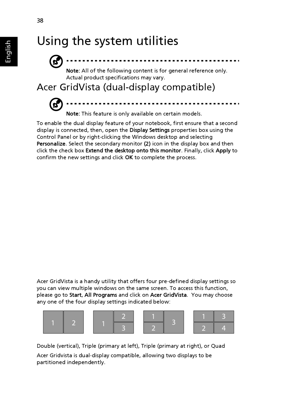 Acer 4120 manual Using the system utilities, Acer GridVista dual-display compatible 