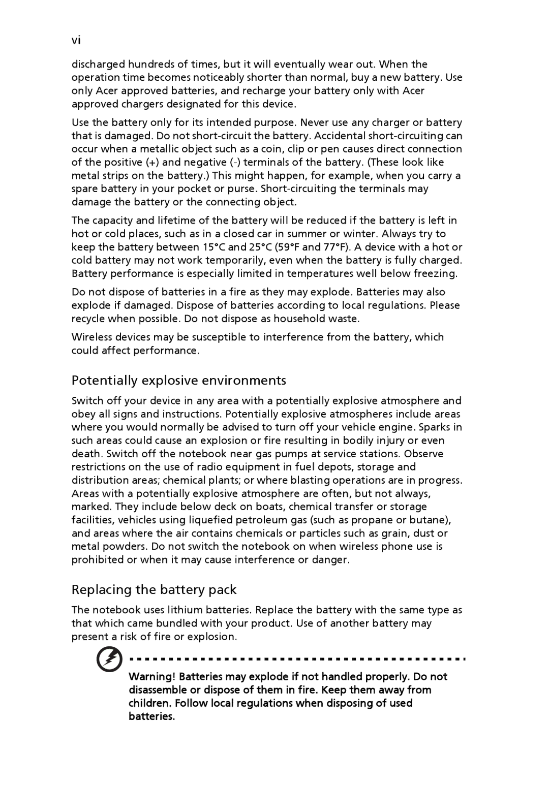 Acer 4120 manual Potentially explosive environments, Replacing the battery pack 