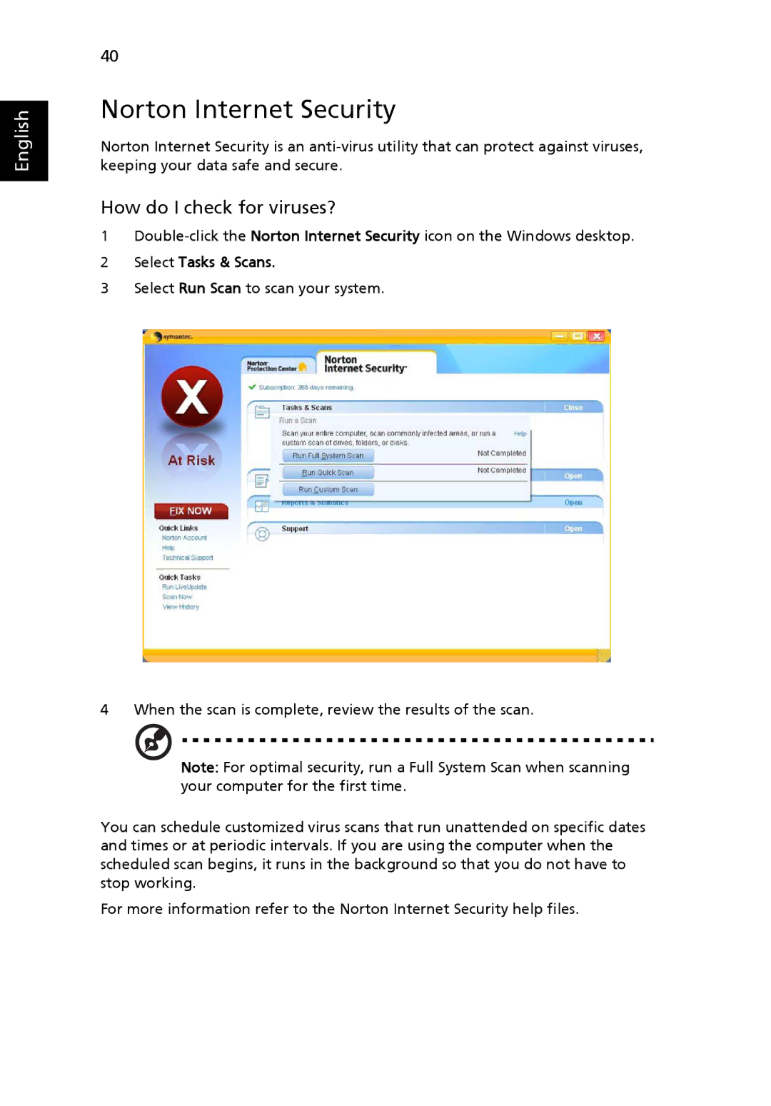 Acer 4120 manual Norton Internet Security, How do I check for viruses?, Select Tasks & Scans 