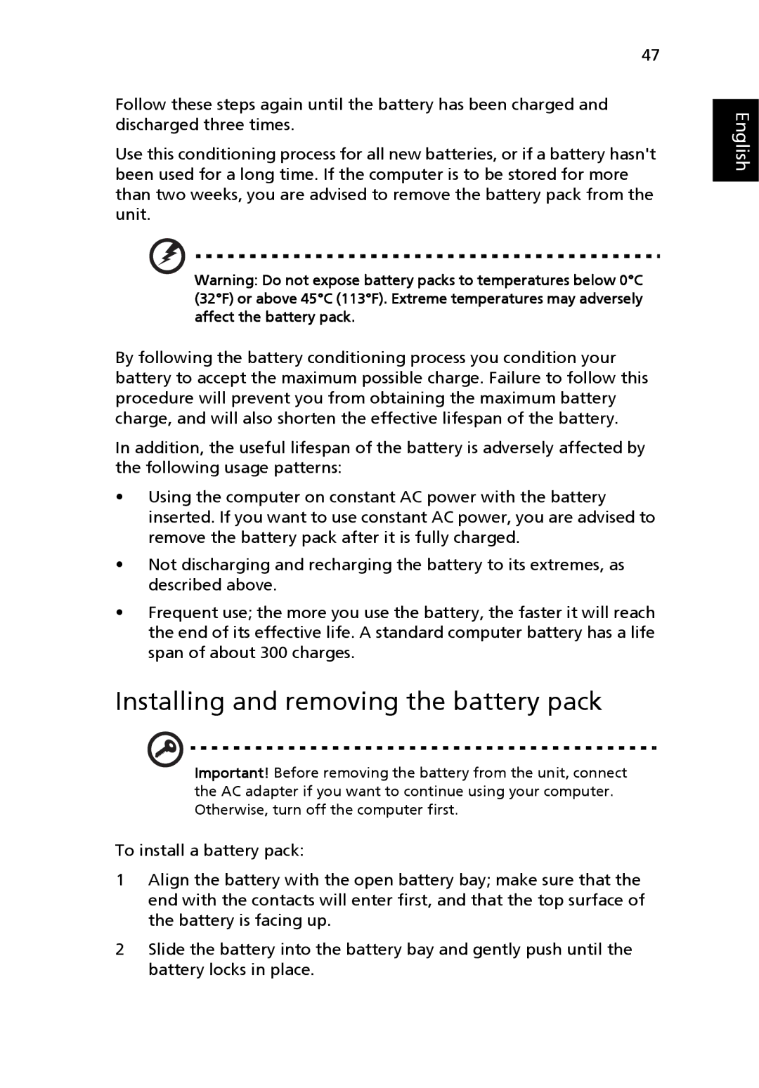 Acer 4120 manual Installing and removing the battery pack 