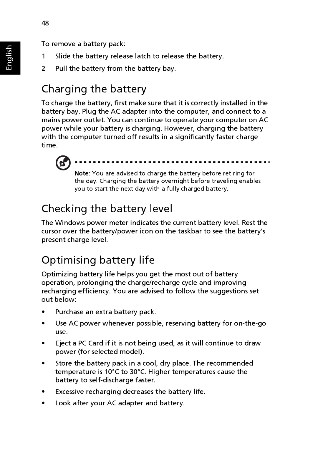 Acer 4120 manual Charging the battery, Checking the battery level, Optimising battery life 