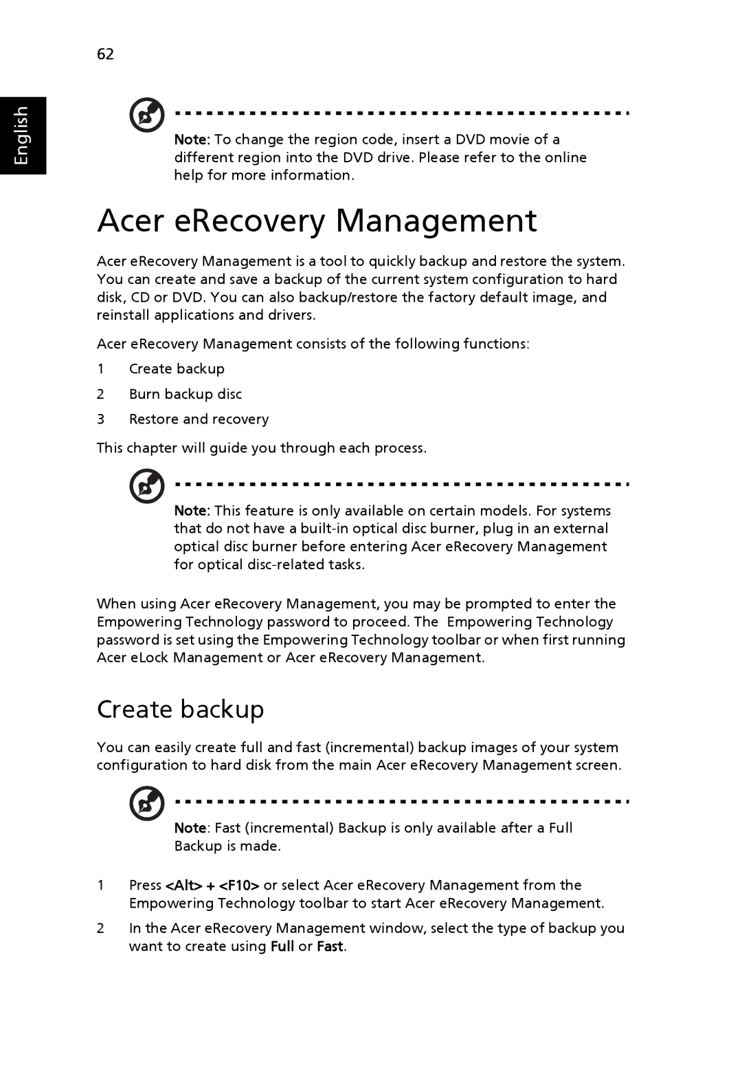 Acer 4120 manual Acer eRecovery Management, Create backup 