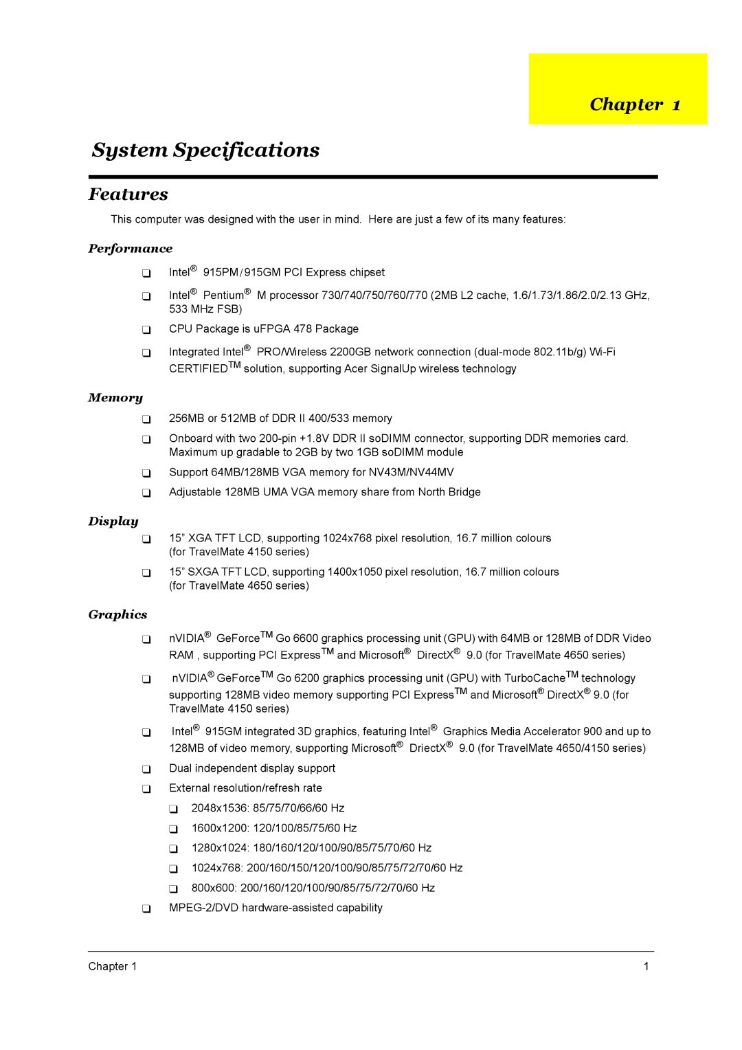 Acer 4150, 4650 manual Chapter, Features 