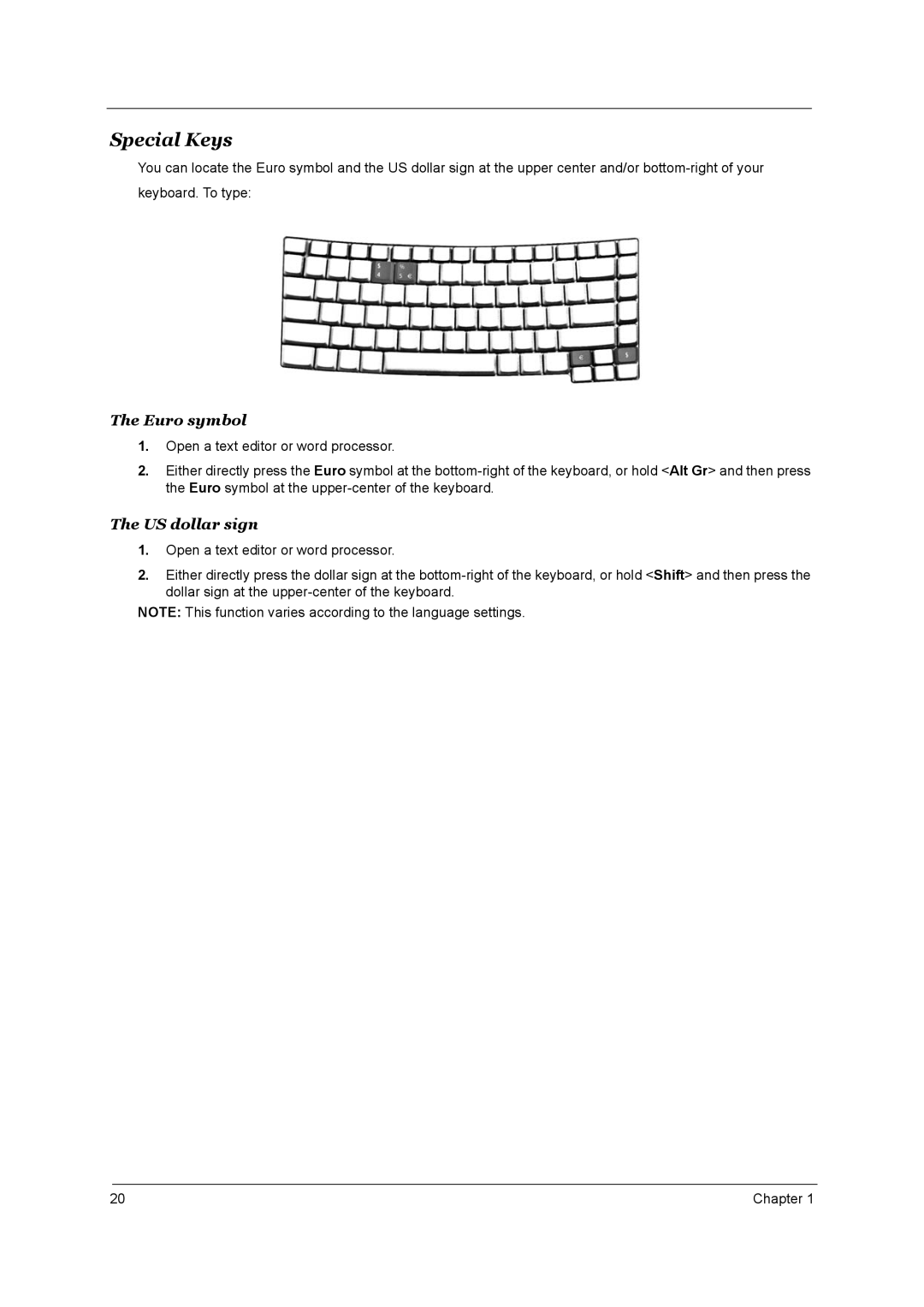 Acer 4650, 4150 manual Special Keys, Euro symbol 