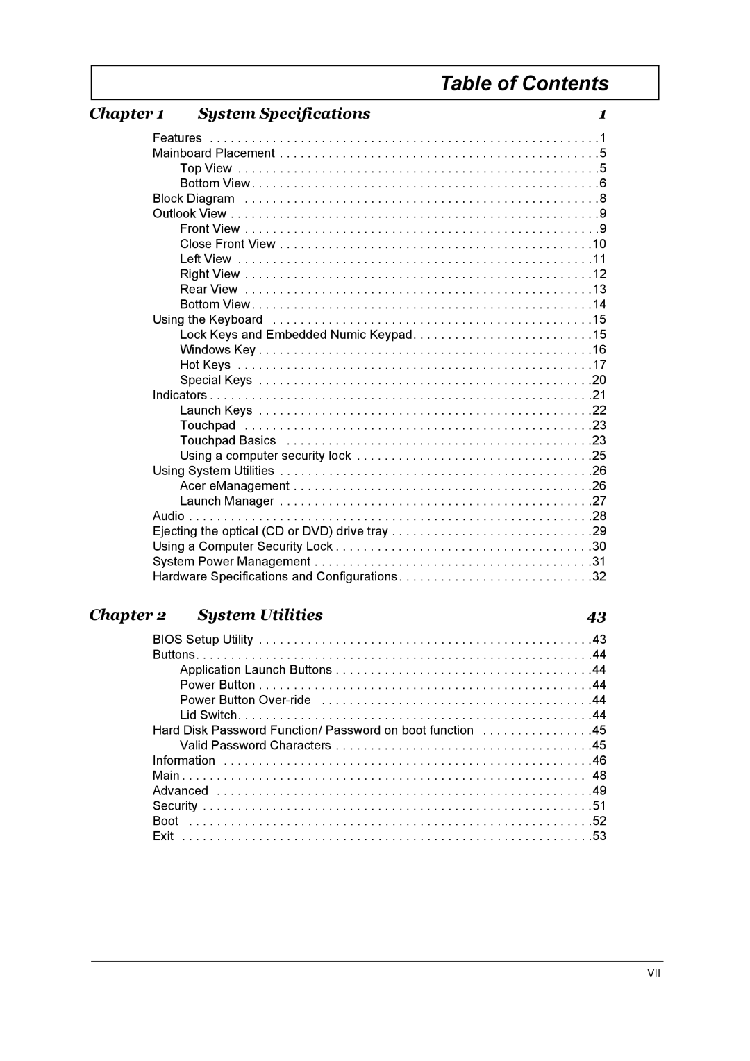 Acer 4150, 4650 manual Table of Contents 