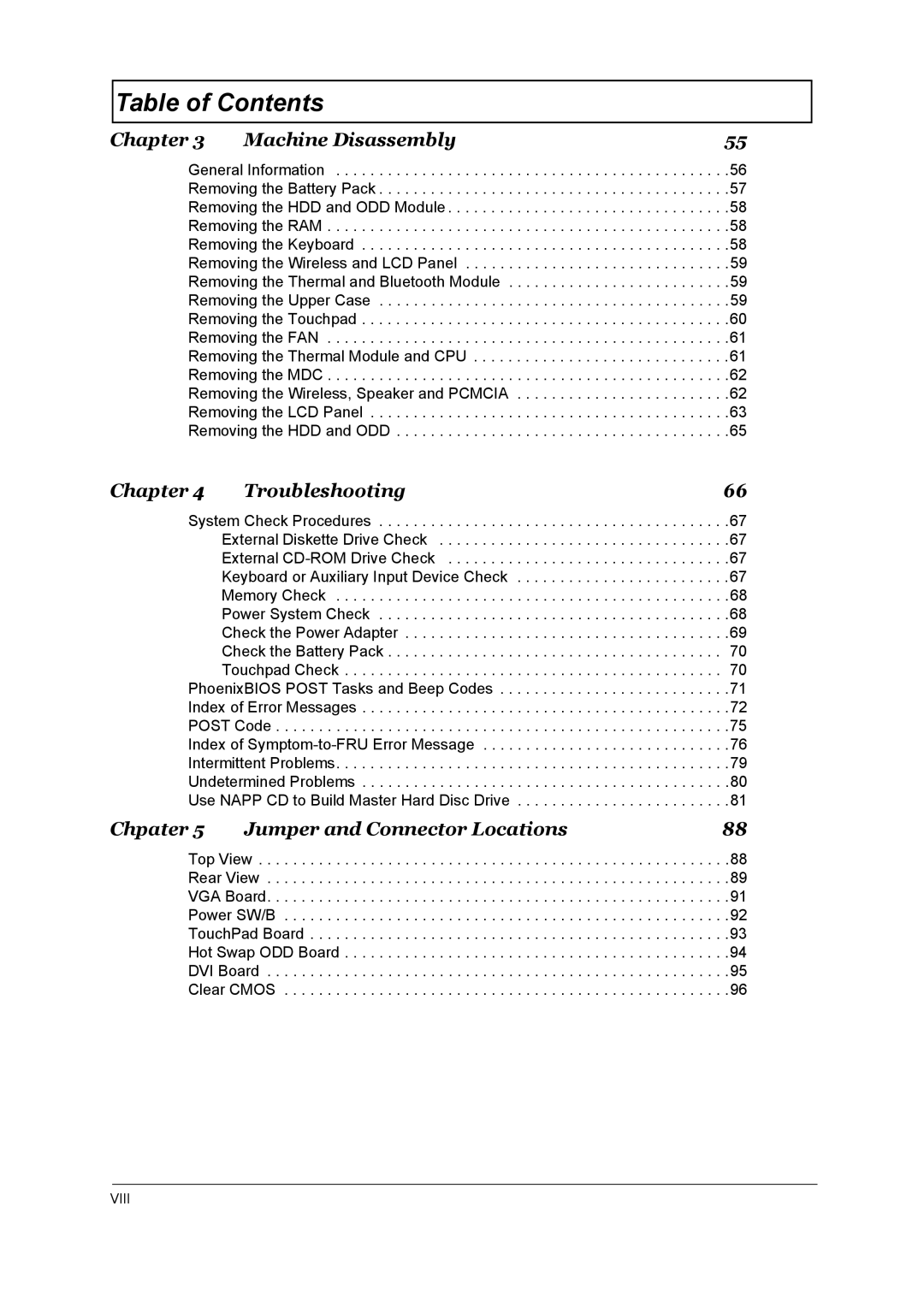 Acer 4650, 4150 manual Chapter Machine Disassembly, Chapter Troubleshooting, Chpater Jumper and Connector Locations 