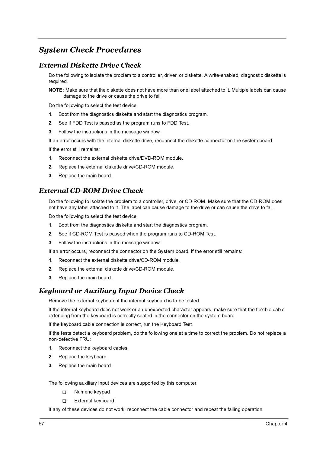 Acer 4150, 4650 manual System Check Procedures, External Diskette Drive Check, External CD-ROM Drive Check 