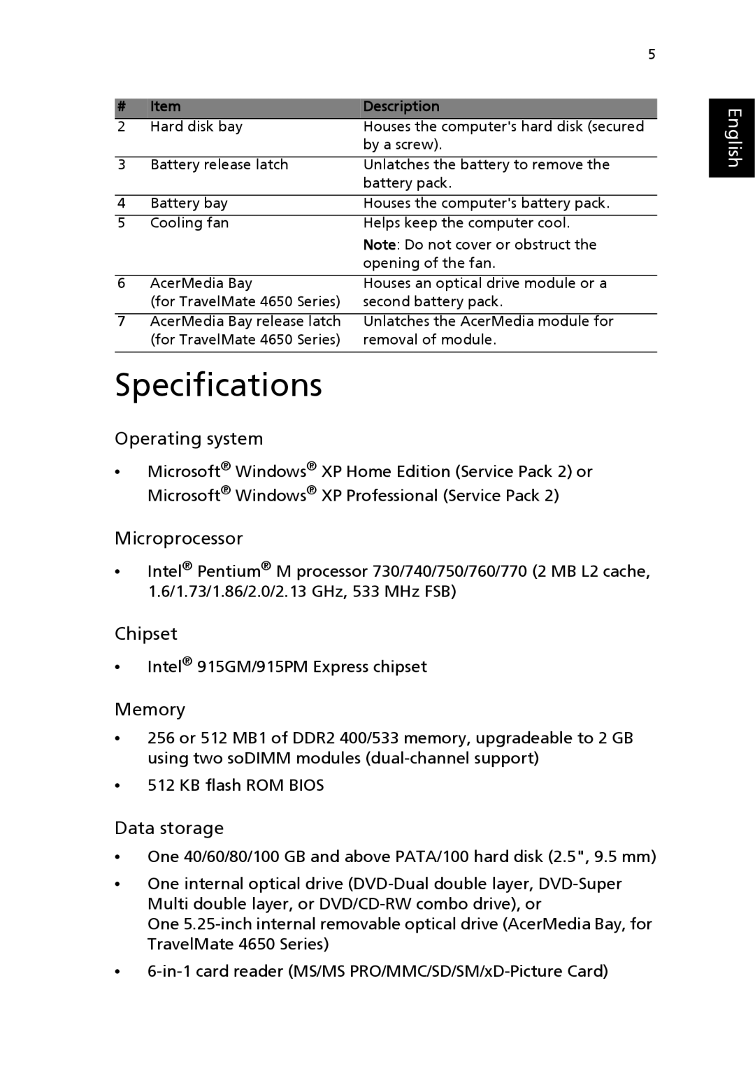 Acer 4650 Series, 4150 Series manual Specifications 