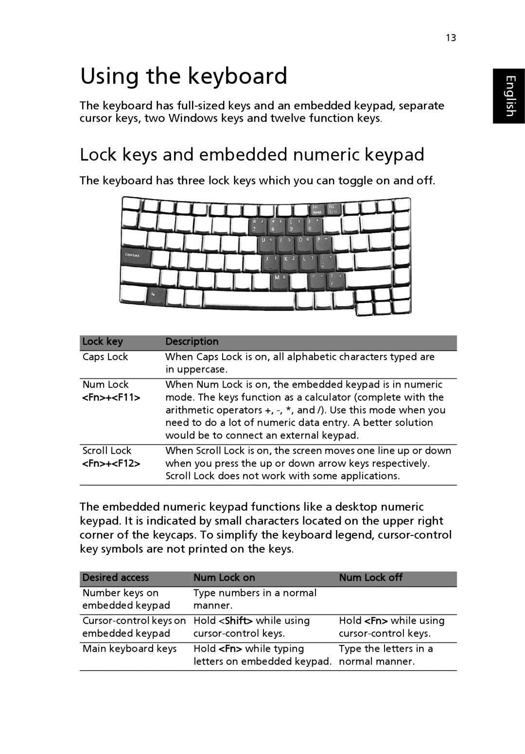 Acer 4650 Series, 4150 Series manual Using the keyboard, Lock keys and embedded numeric keypad 