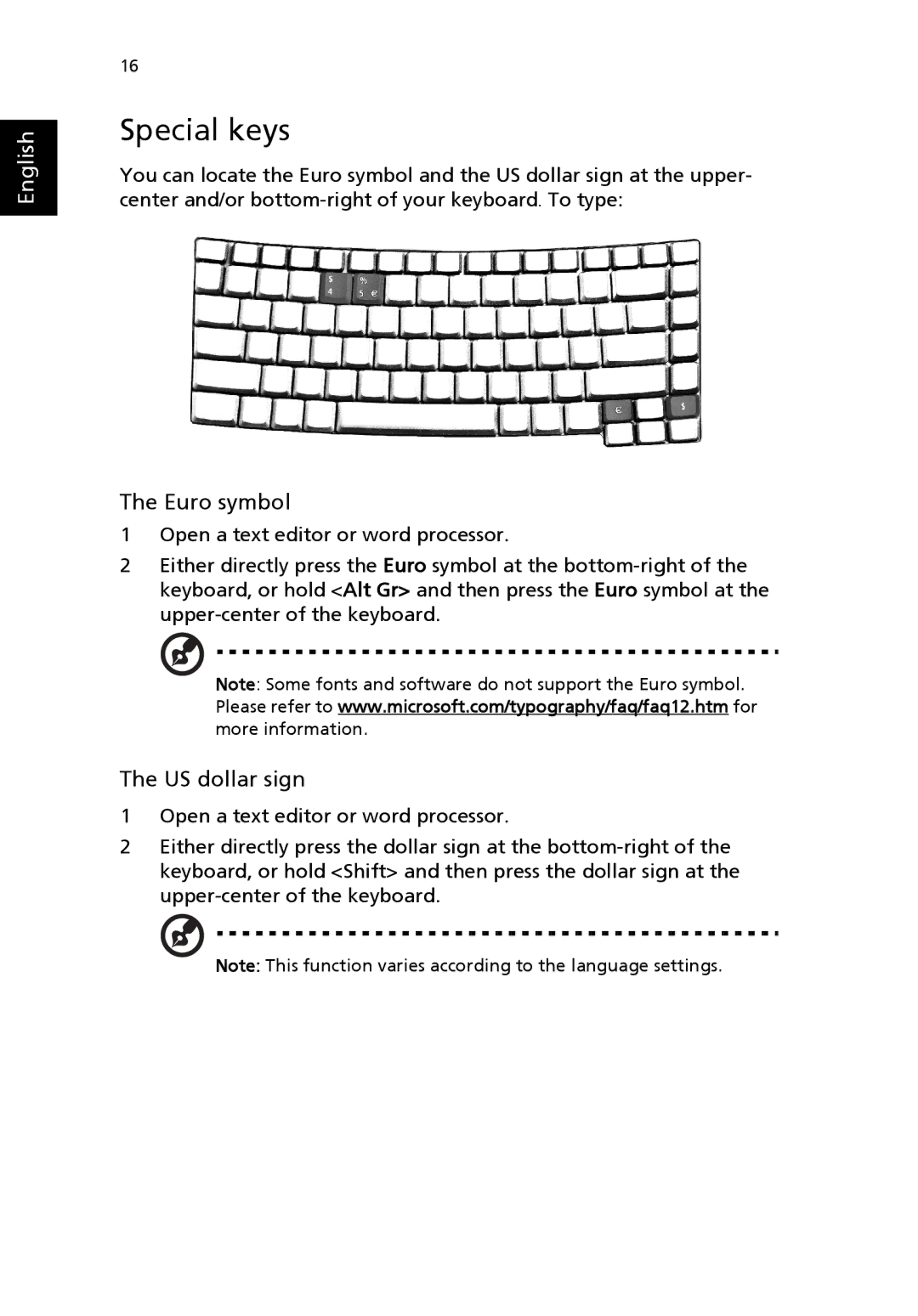 Acer 4150 Series, 4650 Series manual Special keys, Euro symbol, US dollar sign 