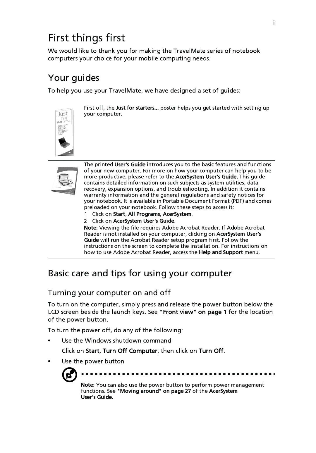 Acer 4650 Series, 4150 Series manual First things first, Your guides, Basic care and tips for using your computer 