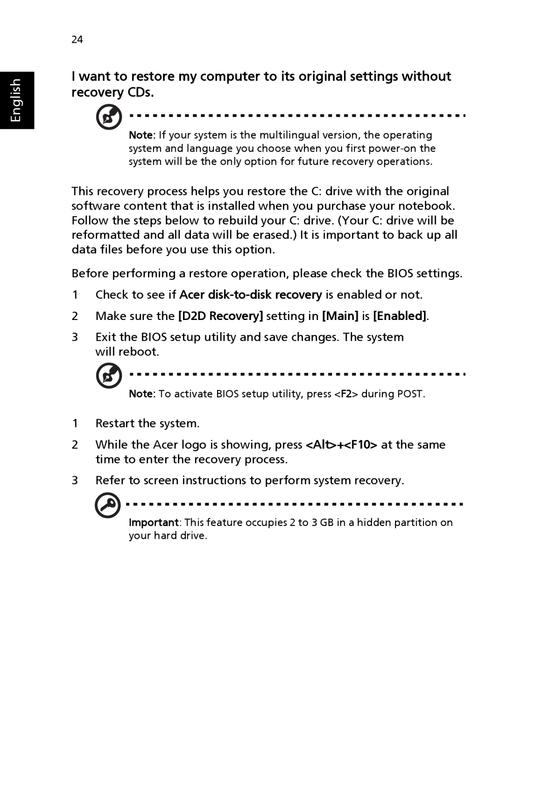 Acer 4150 Series, 4650 Series manual Make sure the D2D Recovery setting in Main is Enabled 