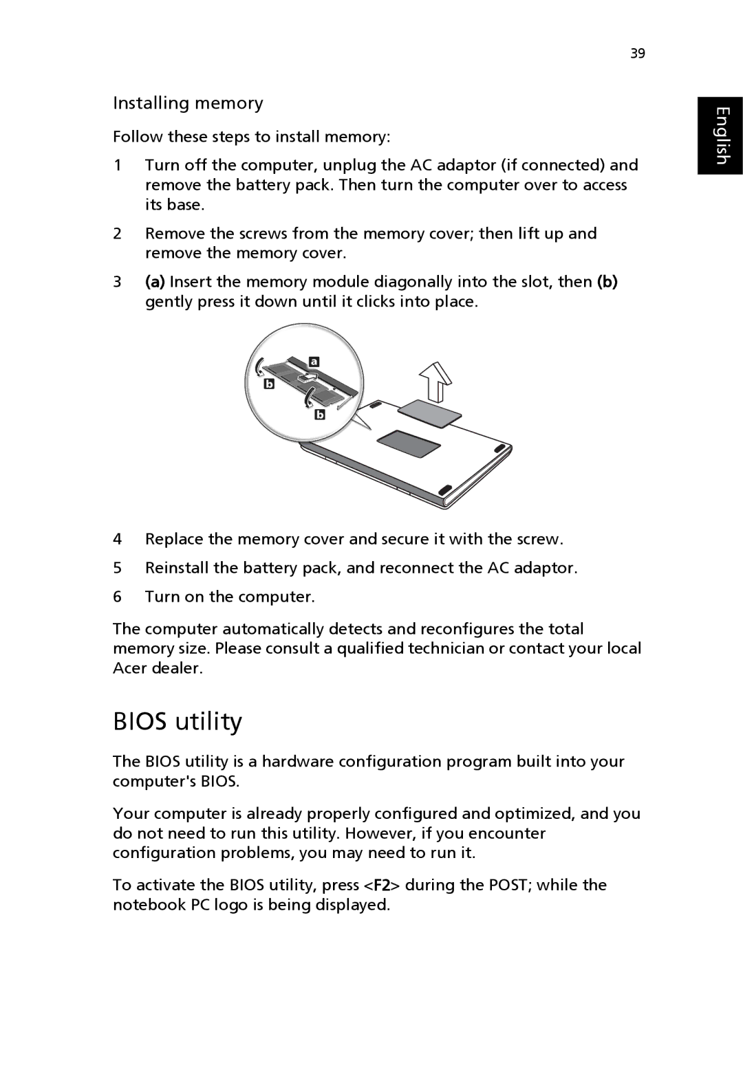 Acer 4650 Series, 4150 Series manual Bios utility, Installing memory 