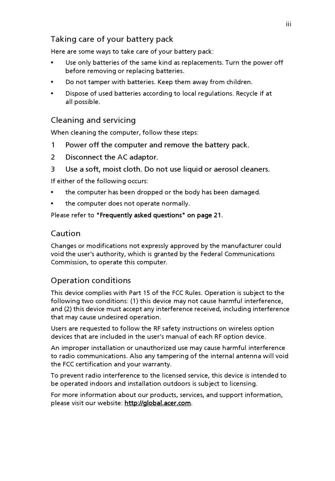 Acer 4650 Series, 4150 Series manual Taking care of your battery pack, Cleaning and servicing, Operation conditions 