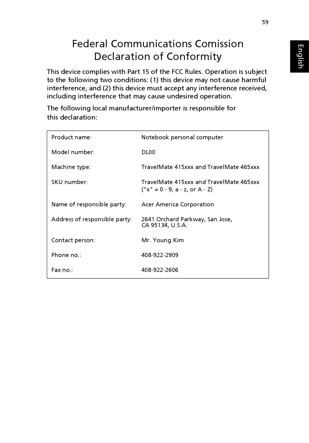 Acer 4650 Series, 4150 Series manual Federal Communications Comission Declaration of Conformity 