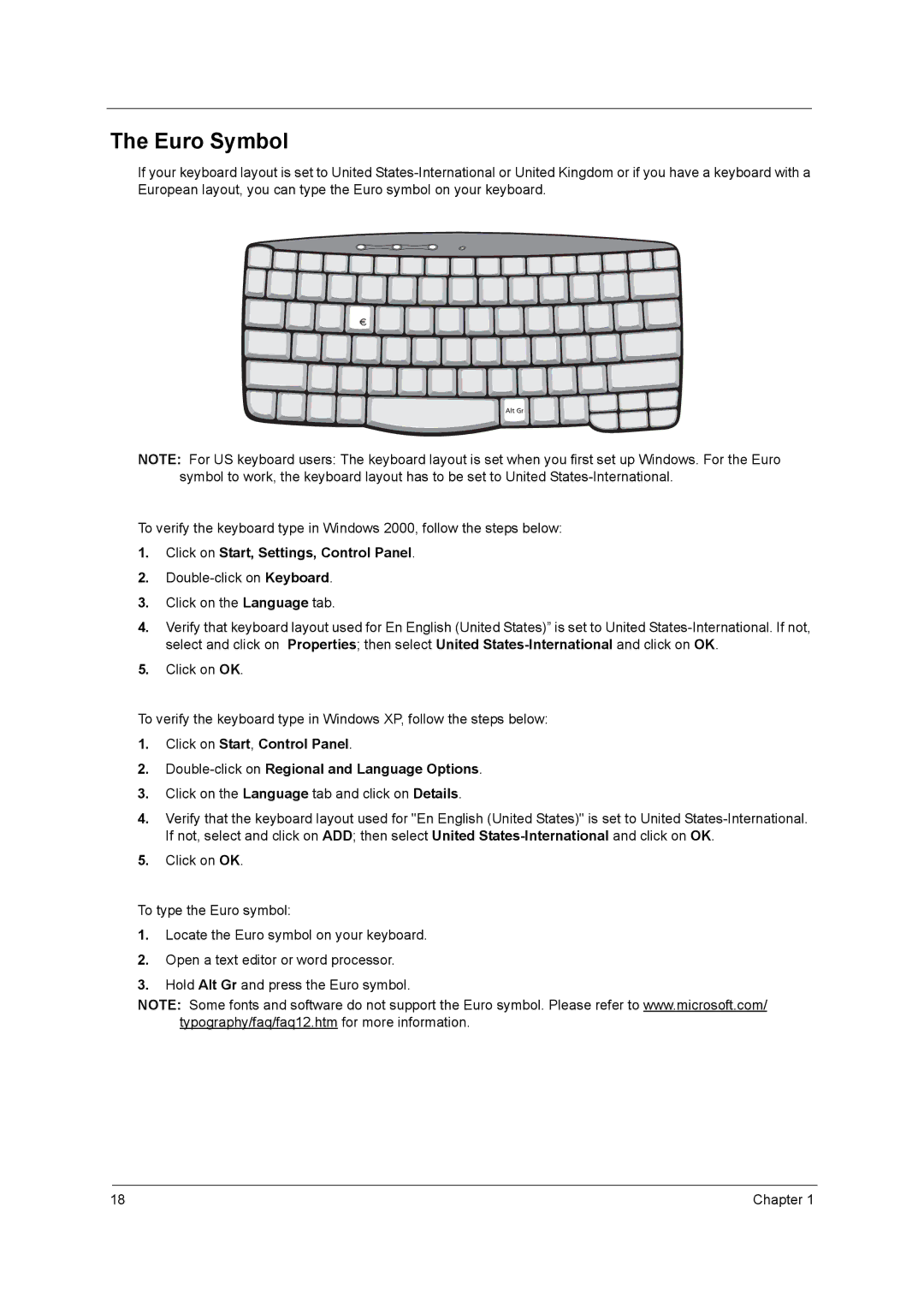 Acer 420 manual Euro Symbol, Click on Start, Settings, Control Panel, Click on the Language tab and click on Details 